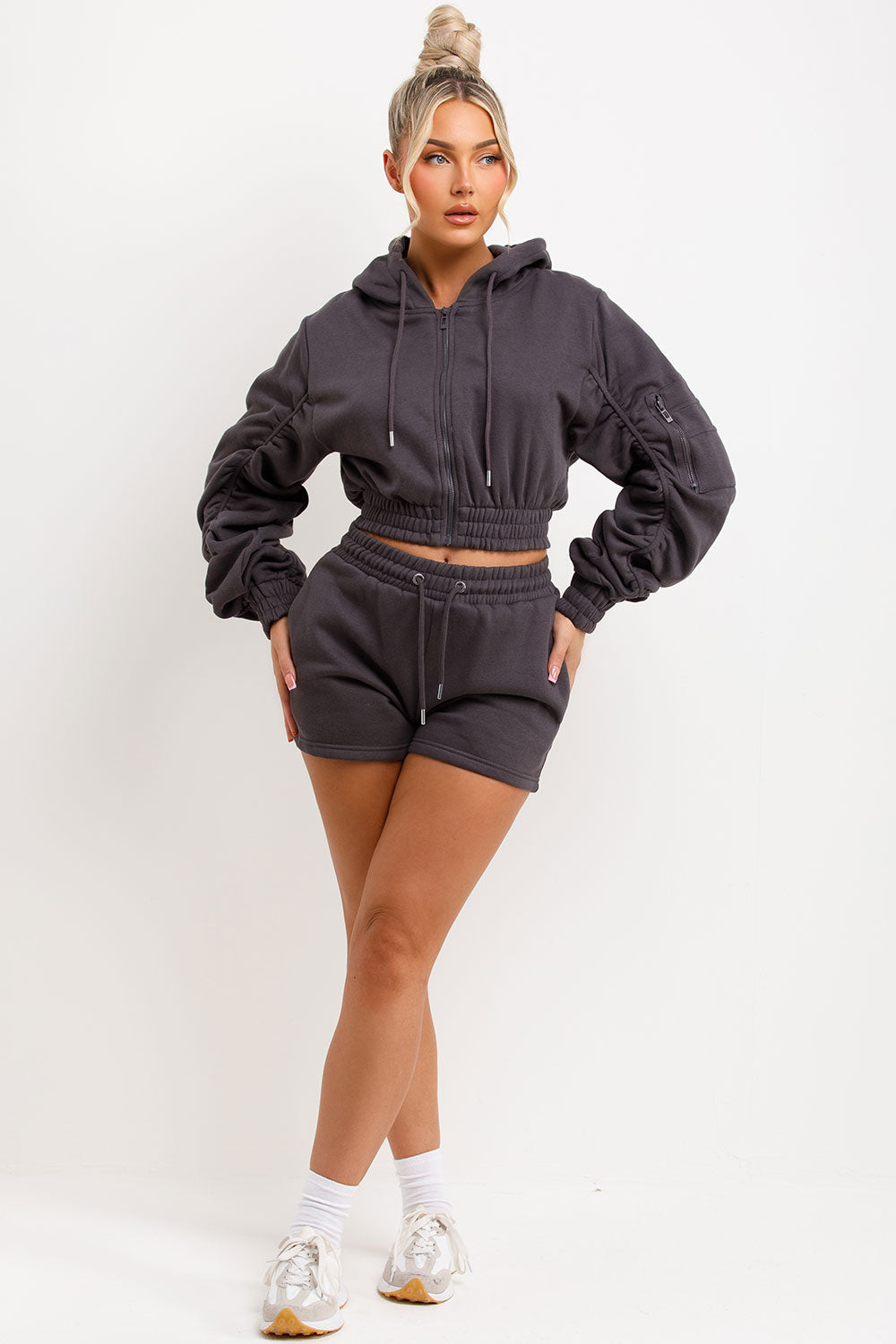 crop zip hoodie with ruched sleeves and shorts tracksuit set