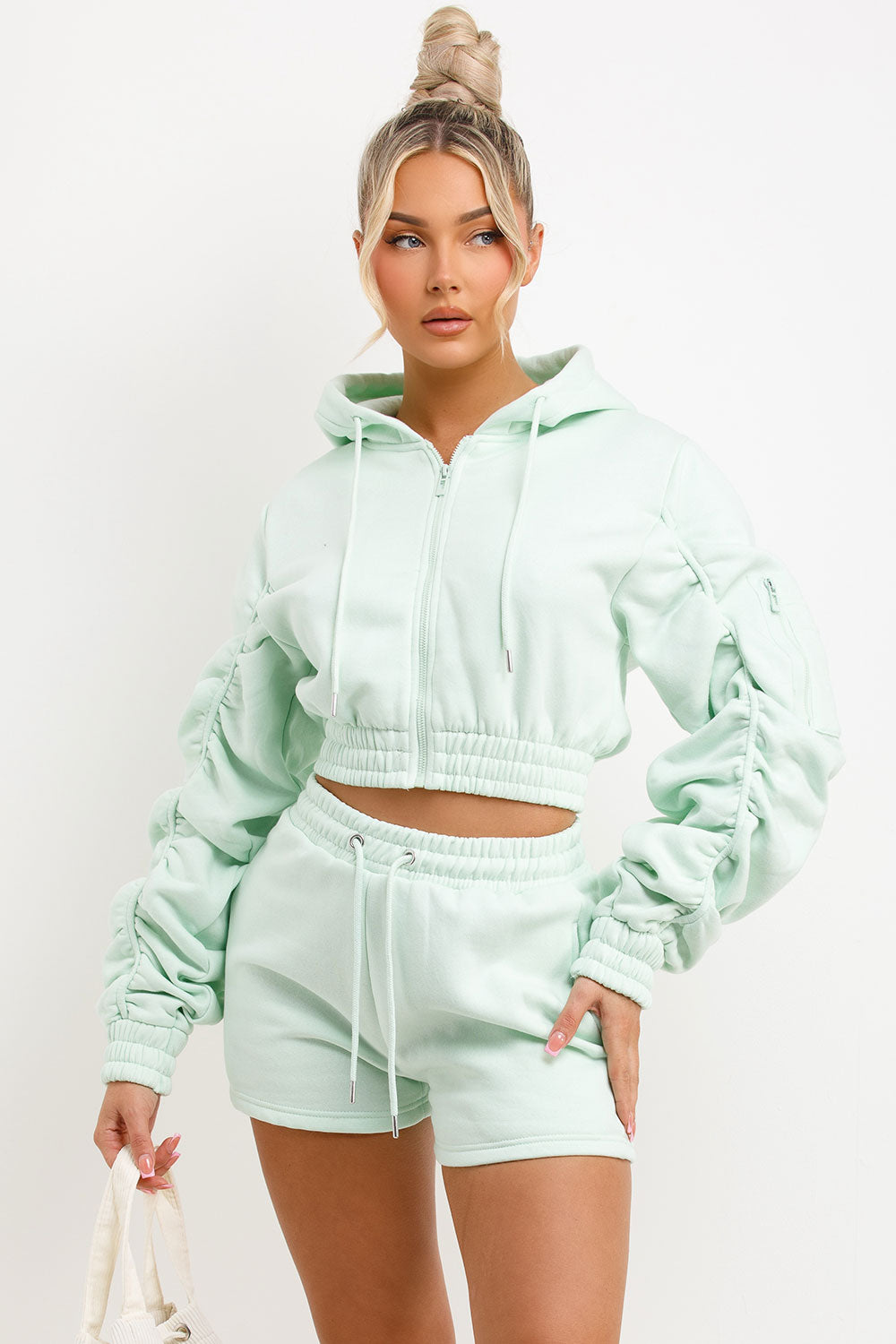 crop zip hoodie with ruched sleeves and shorts tracksuit set