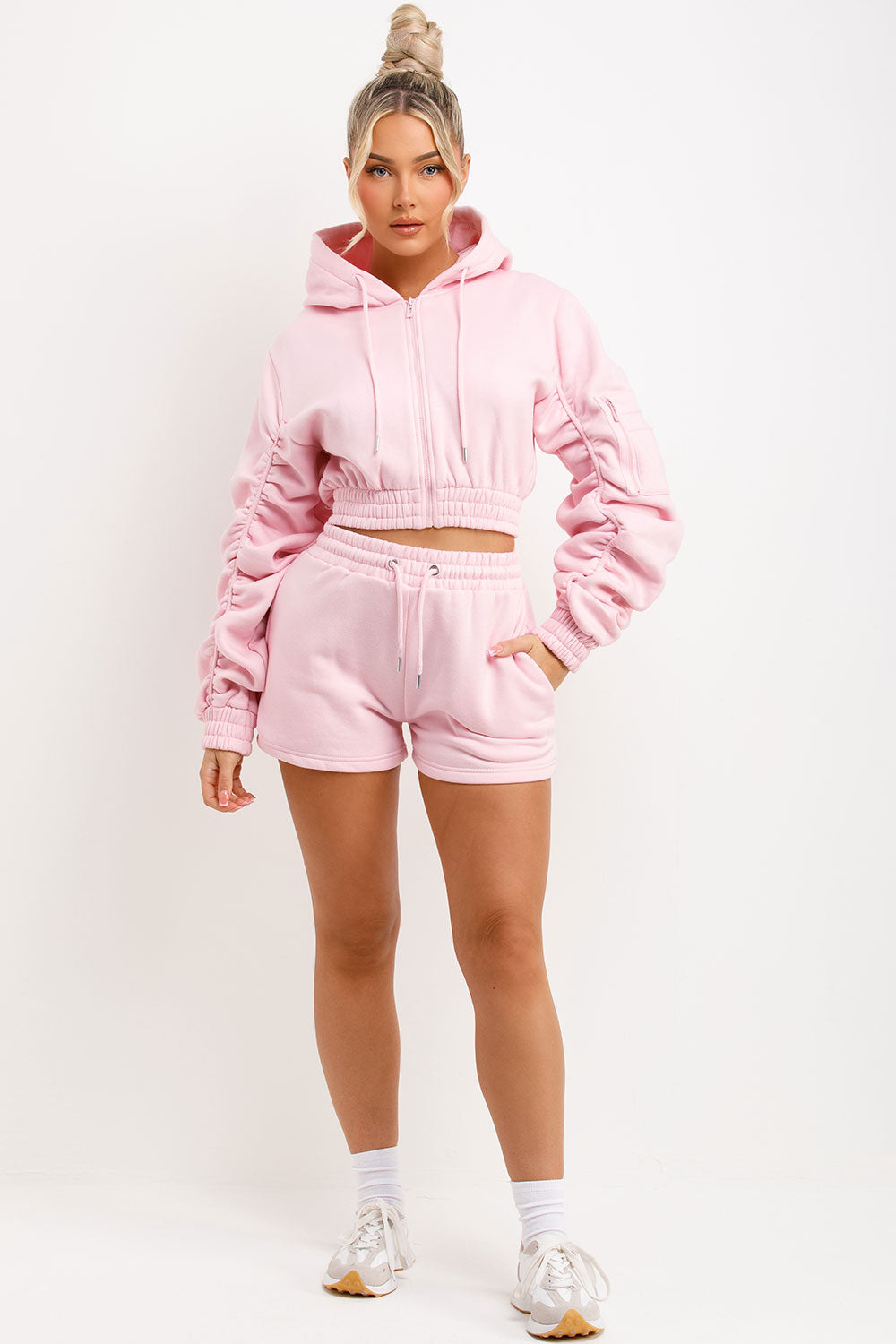 womens runner shorts and crop zip hoodie with ruched sleeves tracksuit set