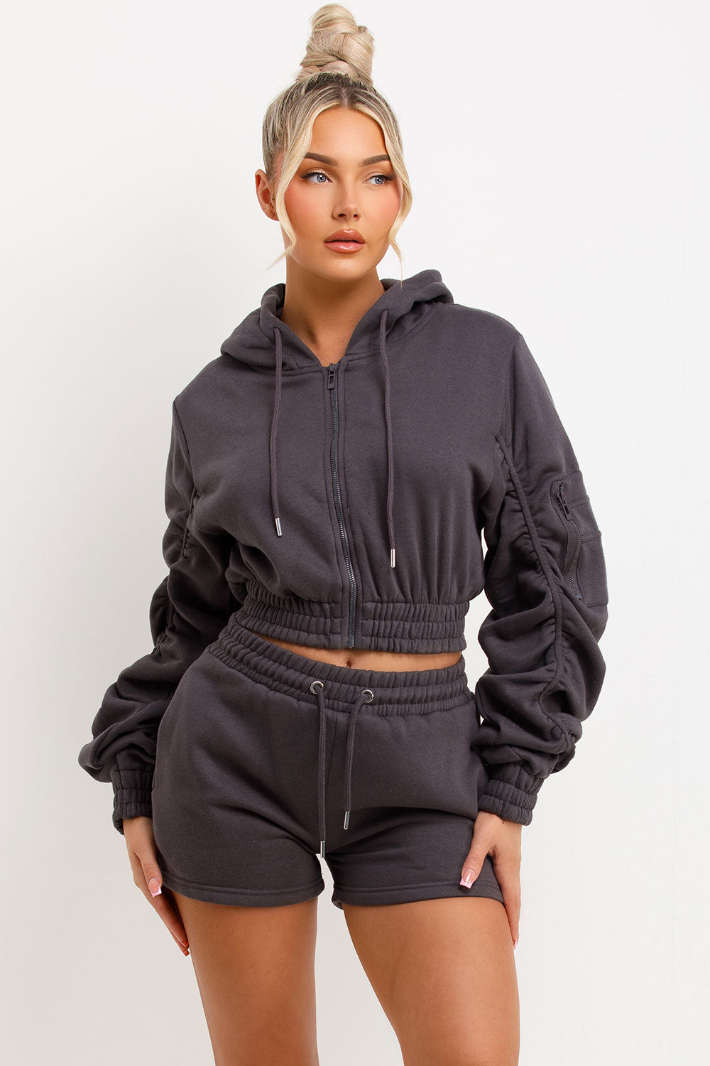 crop zip hoodie with ruched sleeves and shorts tracksuit womens summer lounge set