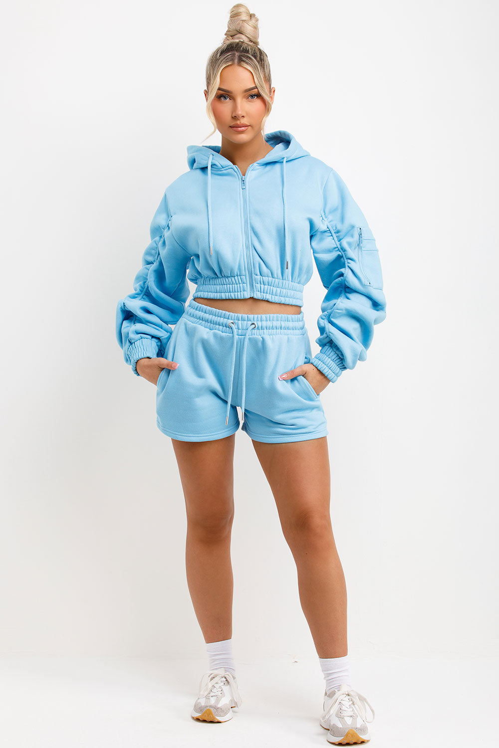 ruched sleeve crop zip hoodie and short tracksuit summer lounge set womens airport outfit