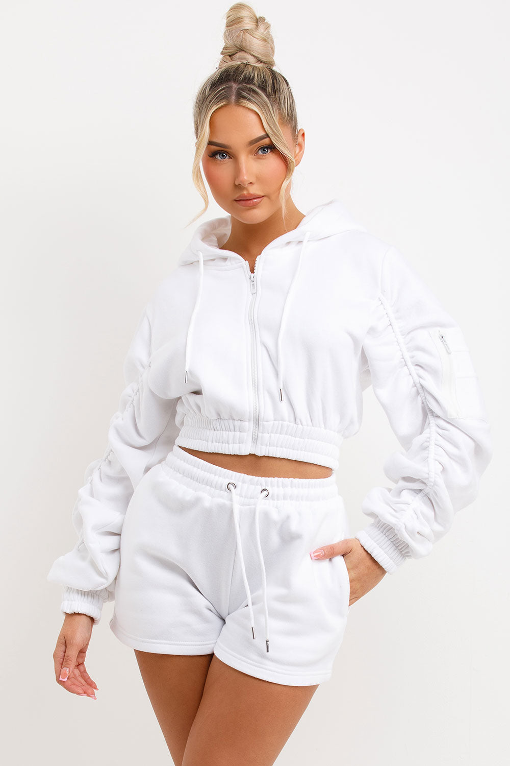 crop zip hoodie with ruched sleeves and shorts tracksuit womens summer lounge set