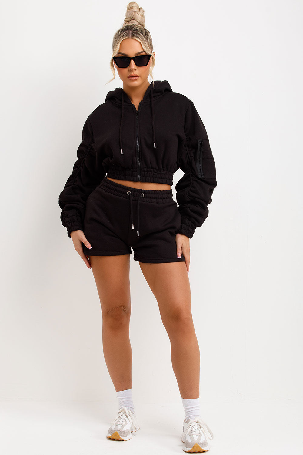 womens runner shorts and crop zip hoodie with ruched sleeves two piece tracksuit set for summer
