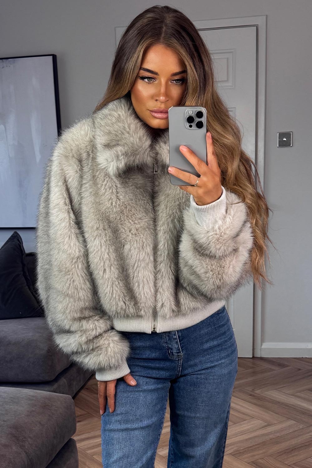 beige faux fur winter jacket with long sleeves styledup uk