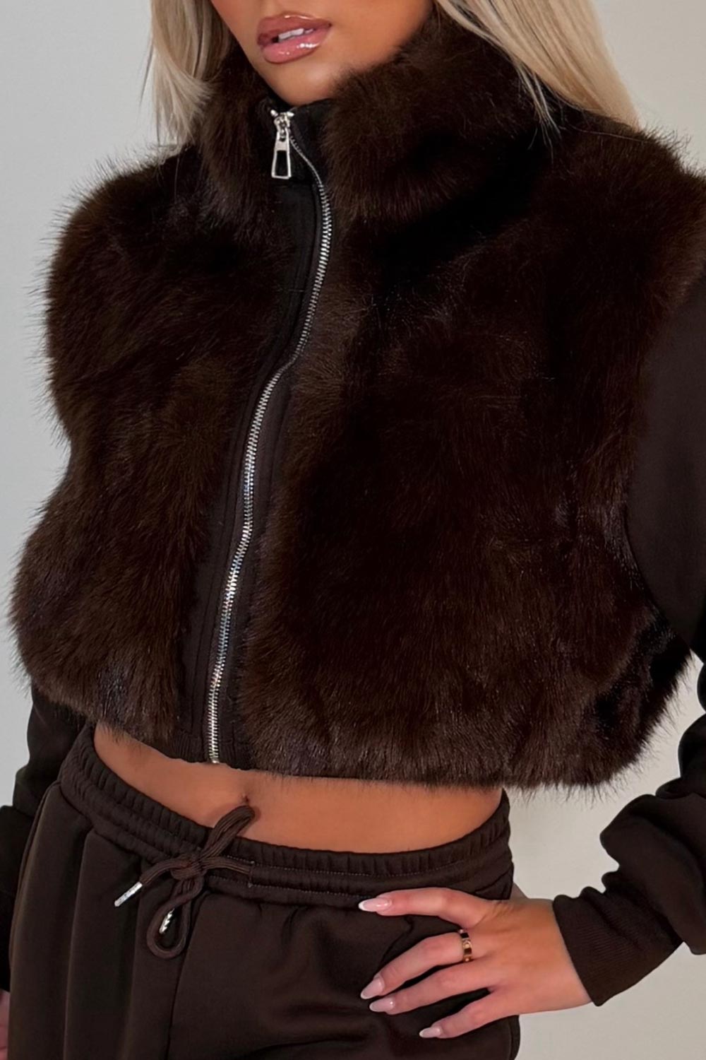 womens faux fur hoodie and wide leg joggers two piece co ord set brown styledup uk