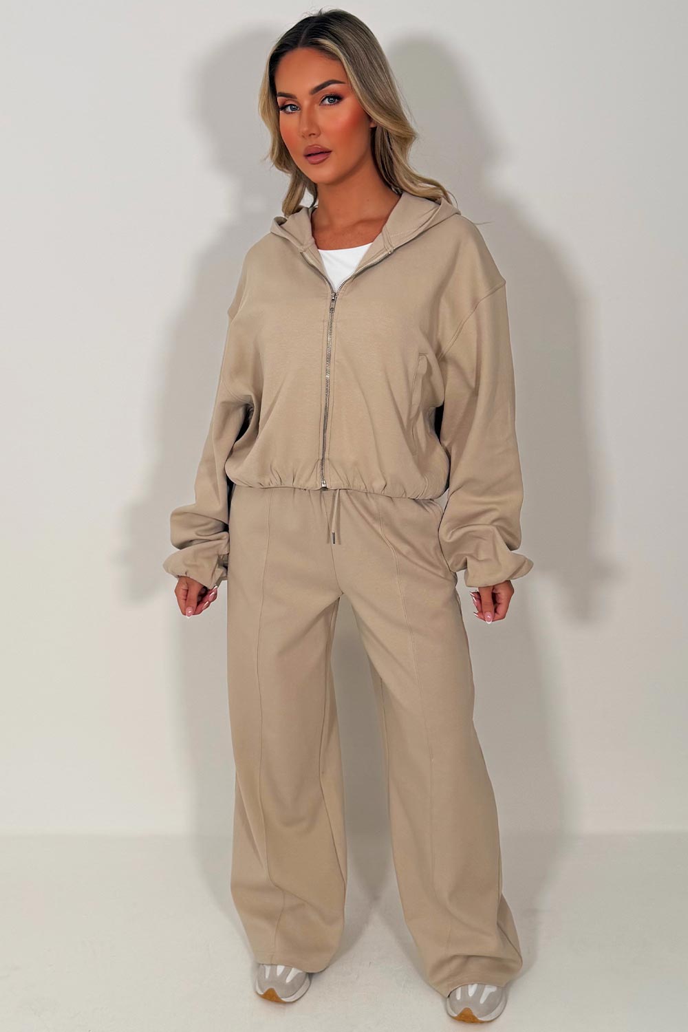 womens oatmeal hooded bomber jacket with elasticated hem elasticated cuff and seam detail joggers two piece tracksuit set zara womens uk sale