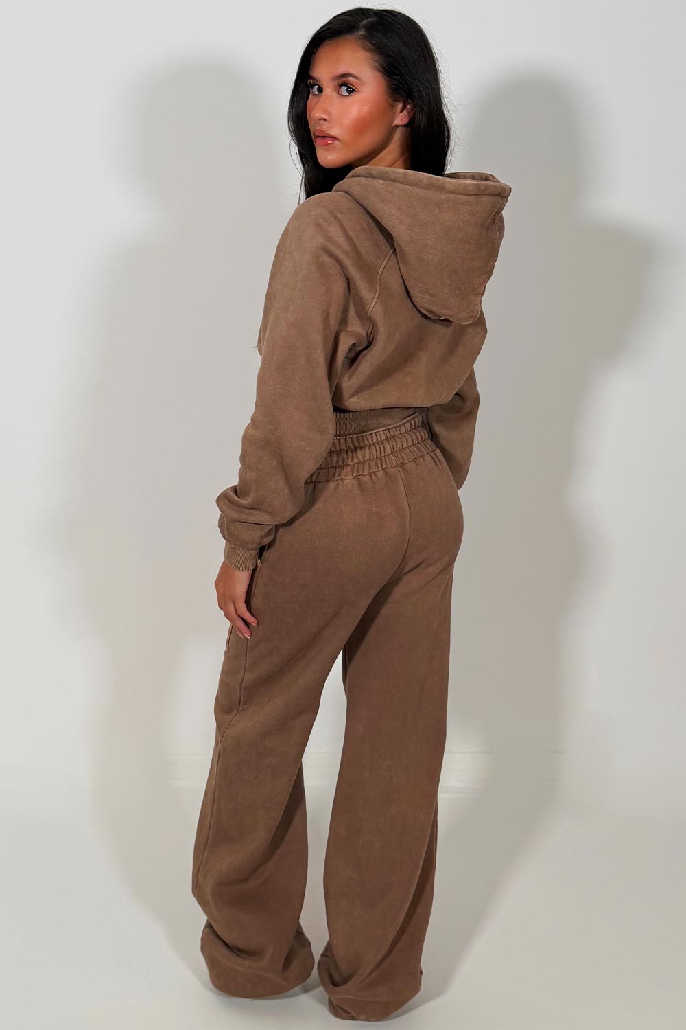 womens wide leg joggers and crop zip through hoodie tracksuit set brown styledup