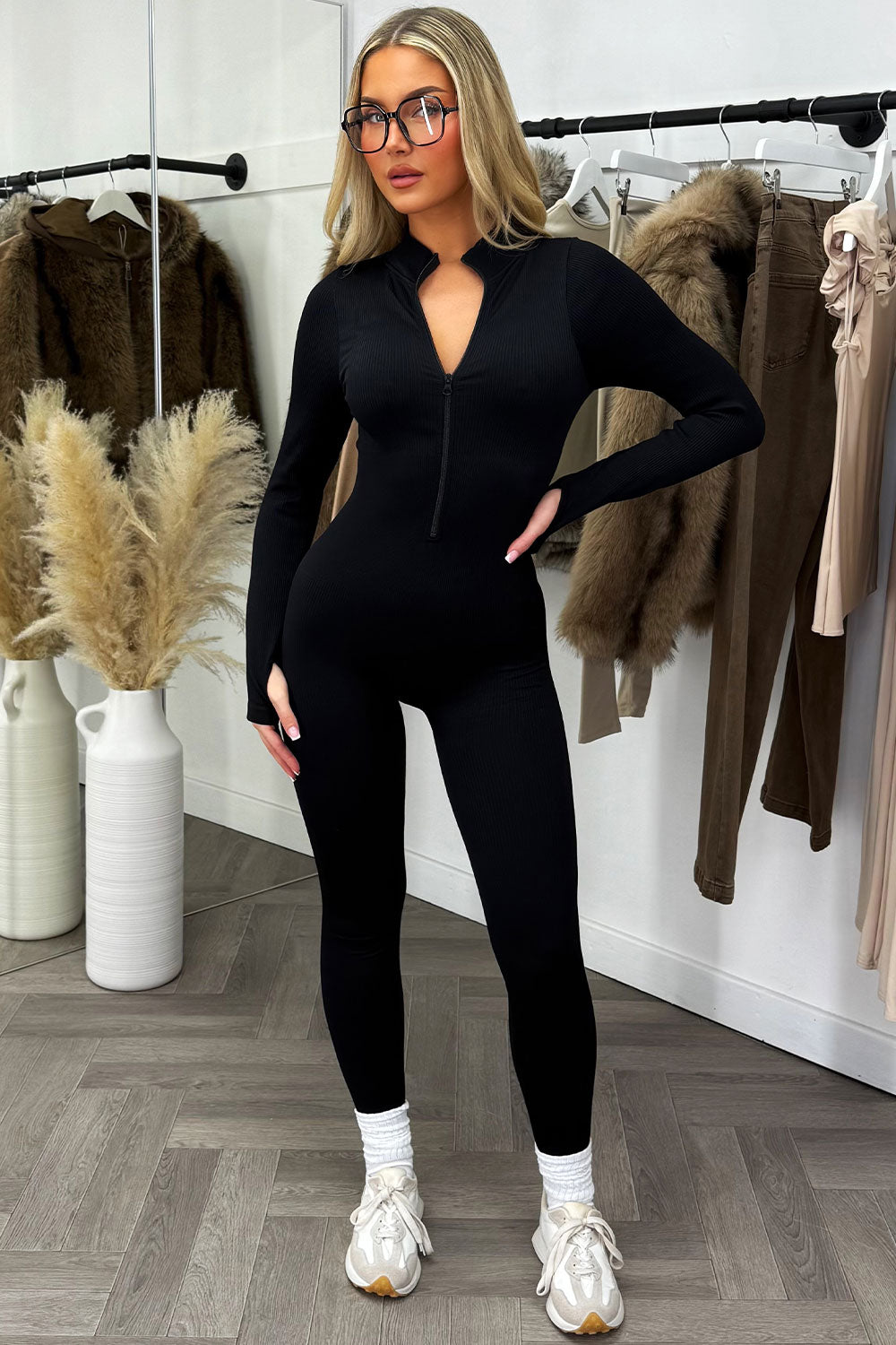 womens long sleeve jumpsuit with thumb holes sculpt bum lifting unitard brown styled up