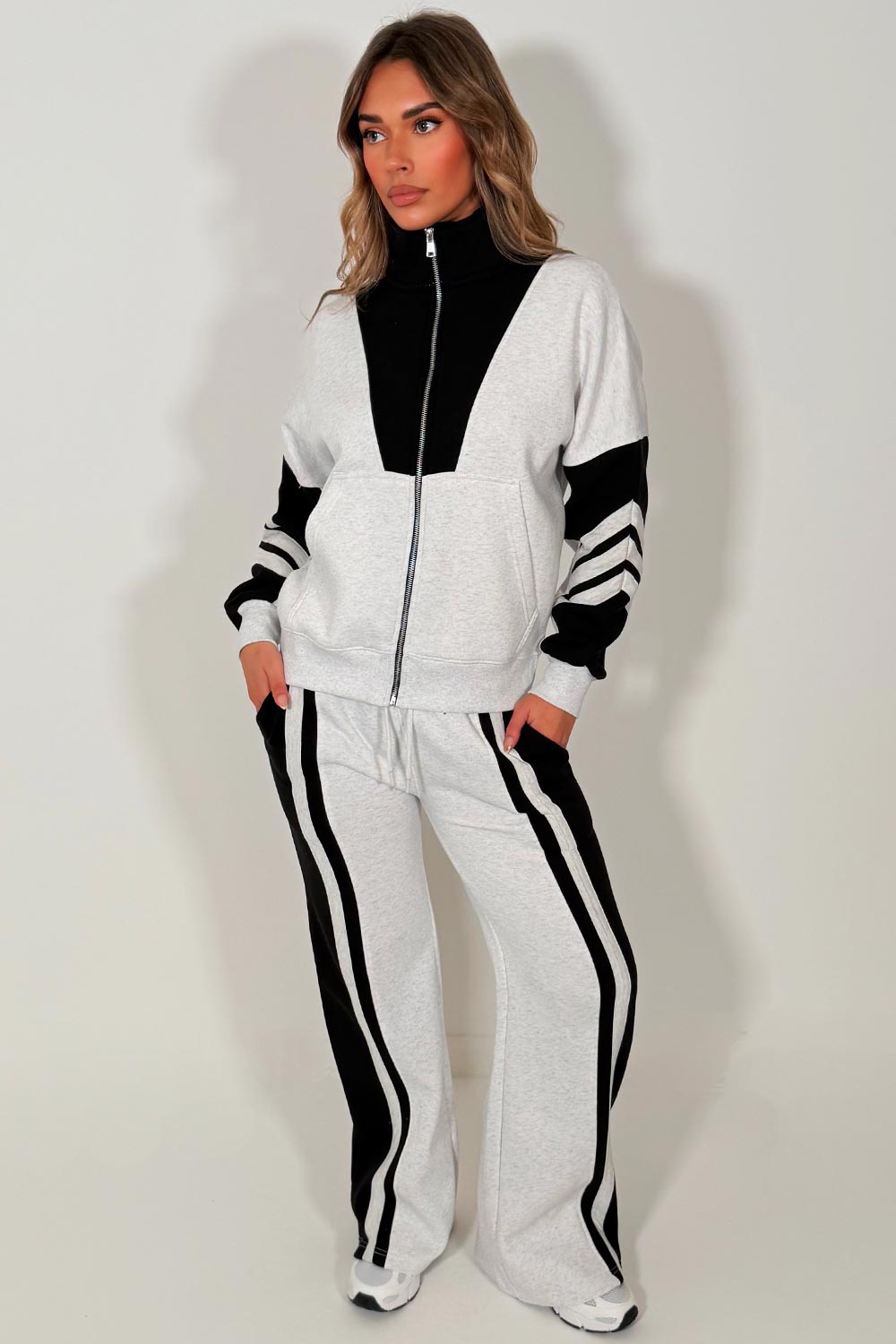 womens tracksuit zip up sweatshirt and wide leg jogger airport outfit really soft cosy premium cotton rich casual outfit from styledup fashion uk
