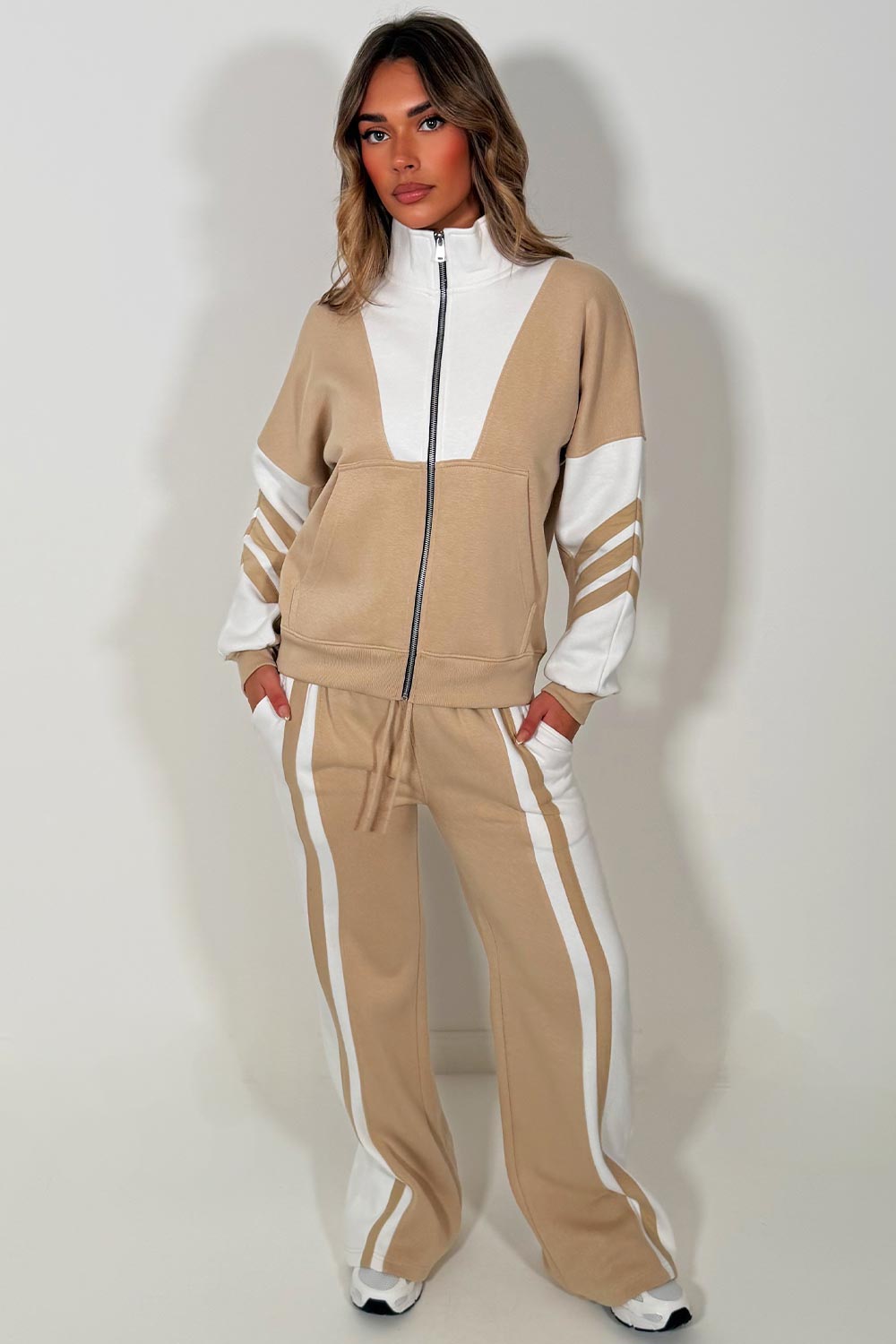 womens tracksuit zip up sweatshirt and wide leg jogger airport outfit really soft cosy premium cotton rich casual outfit from styledup fashion uk