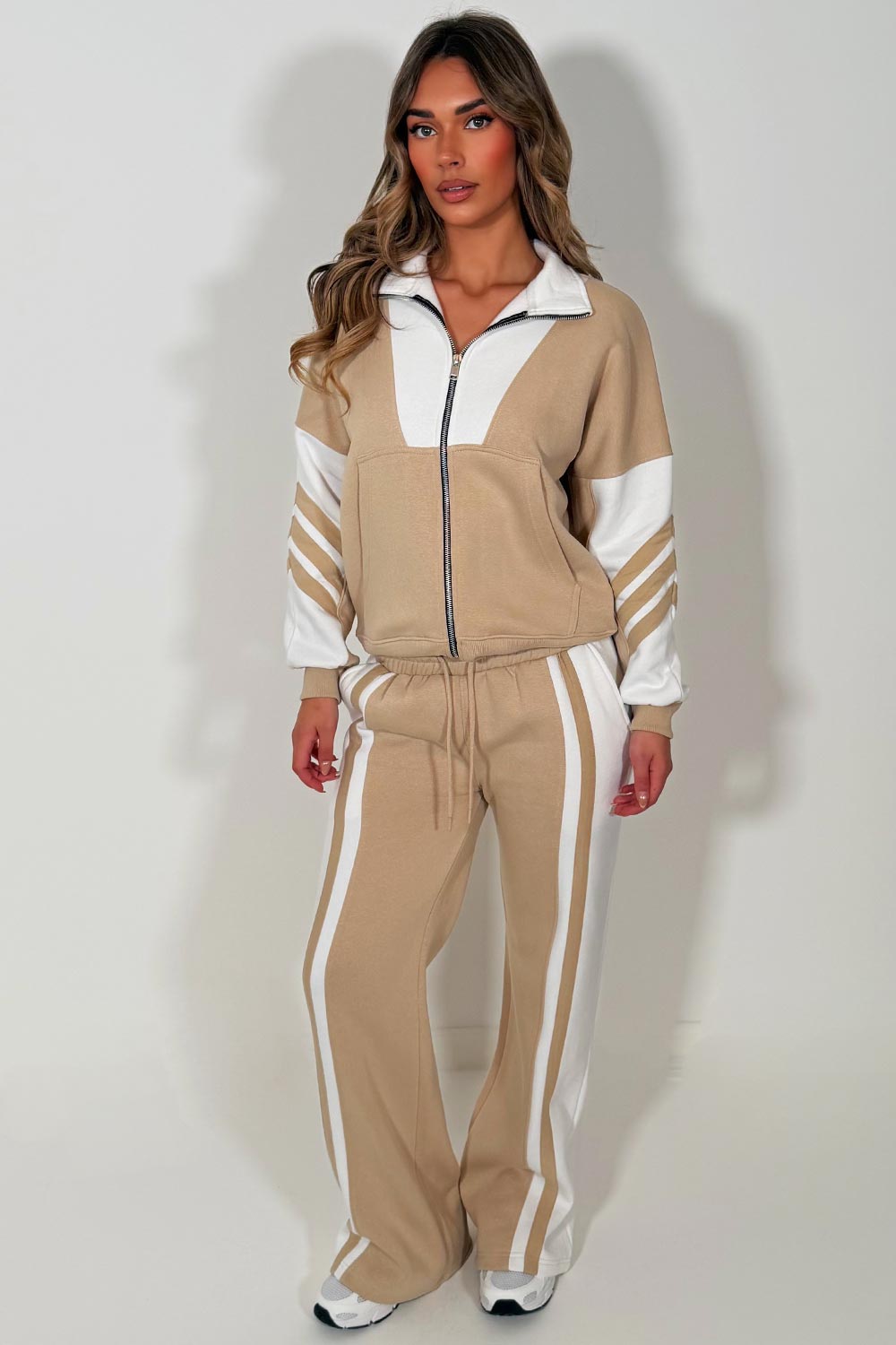 womens contrast stripe zip up sweatshirt and wide leg jogger tracksuit set styledup