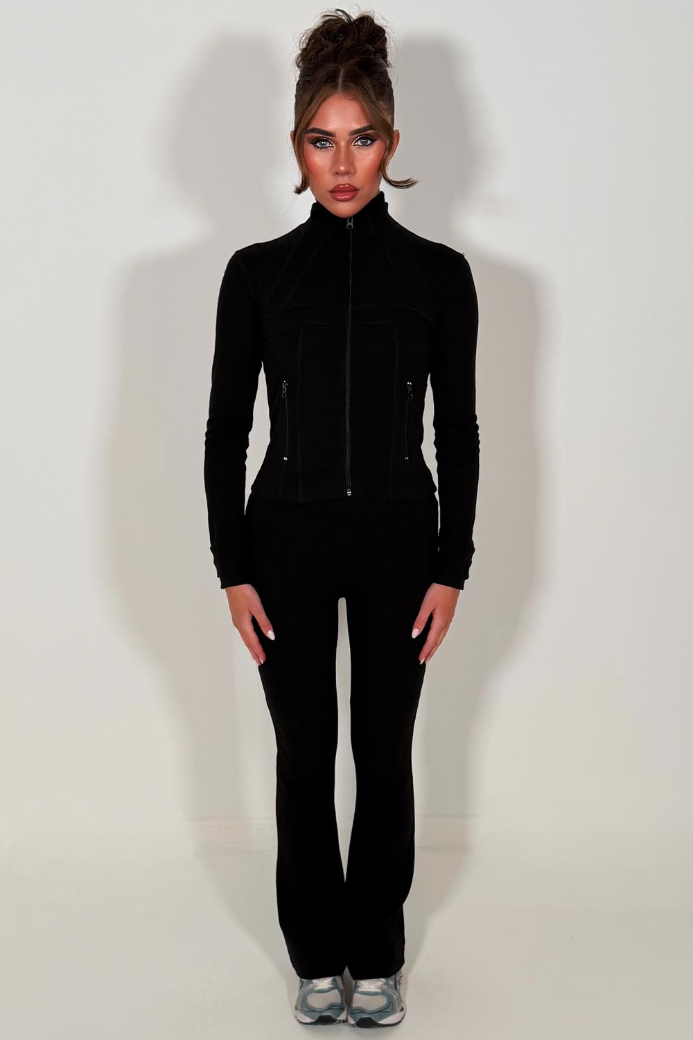 alo sports jacket and flare trousers two piece tracksuit black