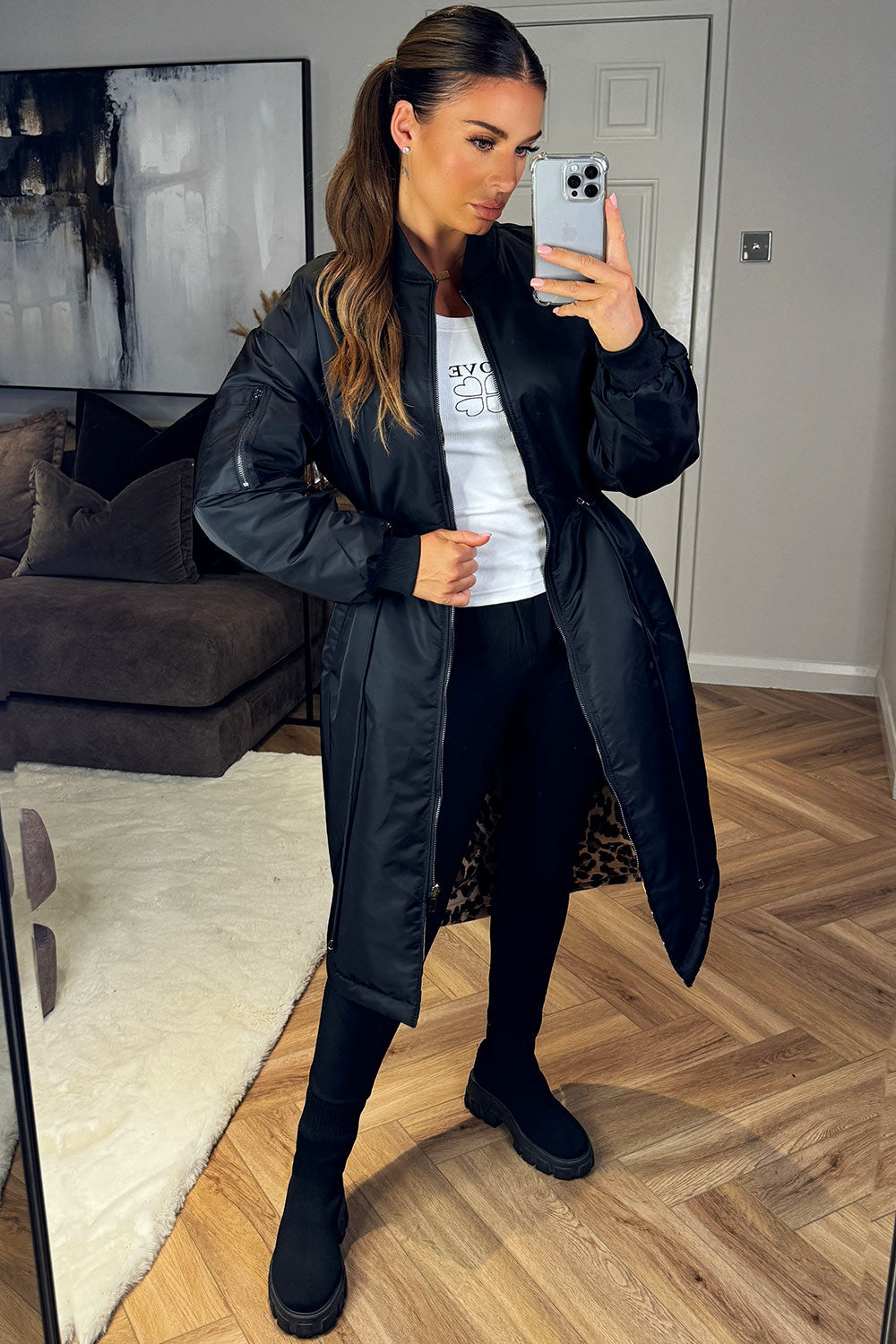 womens long black reversible parka coat leopard print