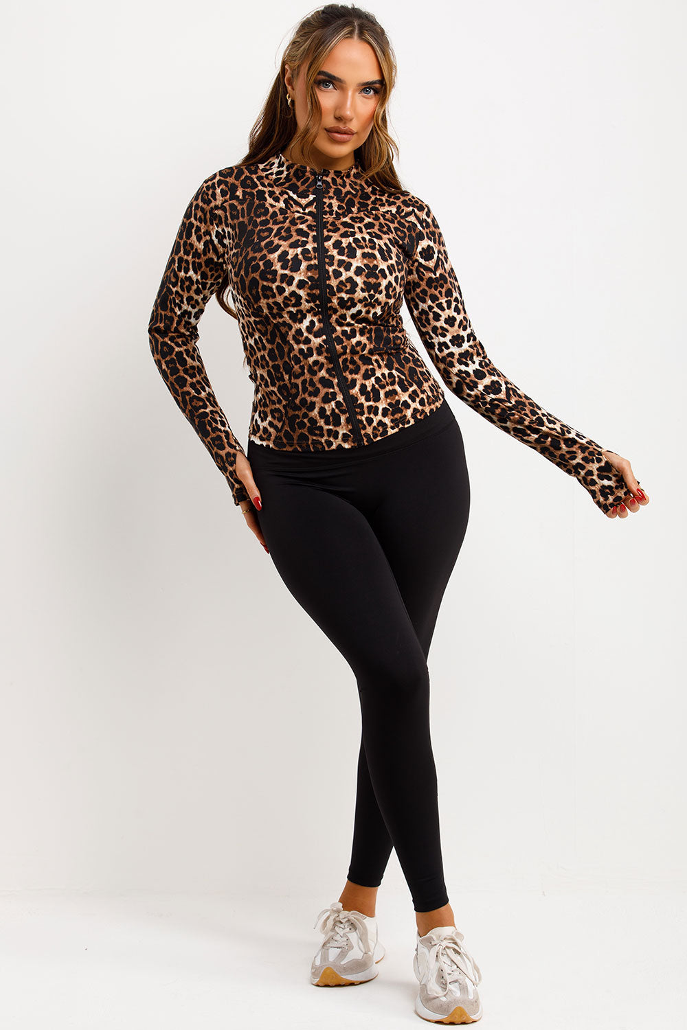 zip up sports leopard print jacket womens