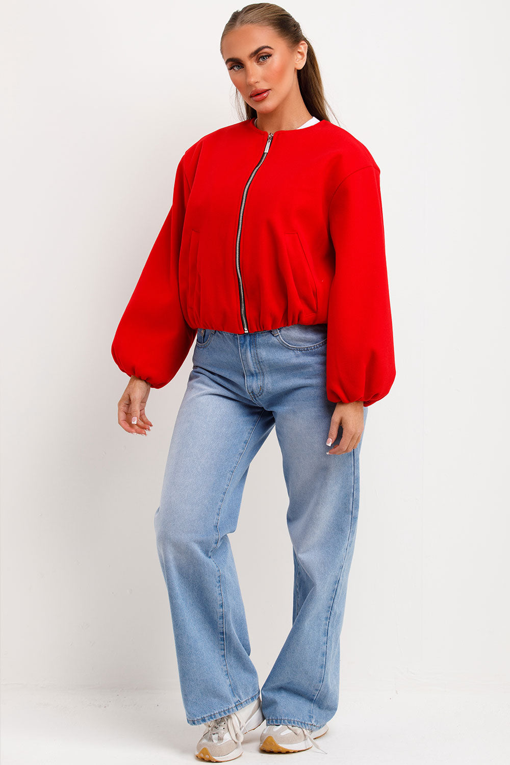 red soft bomber jacket womens