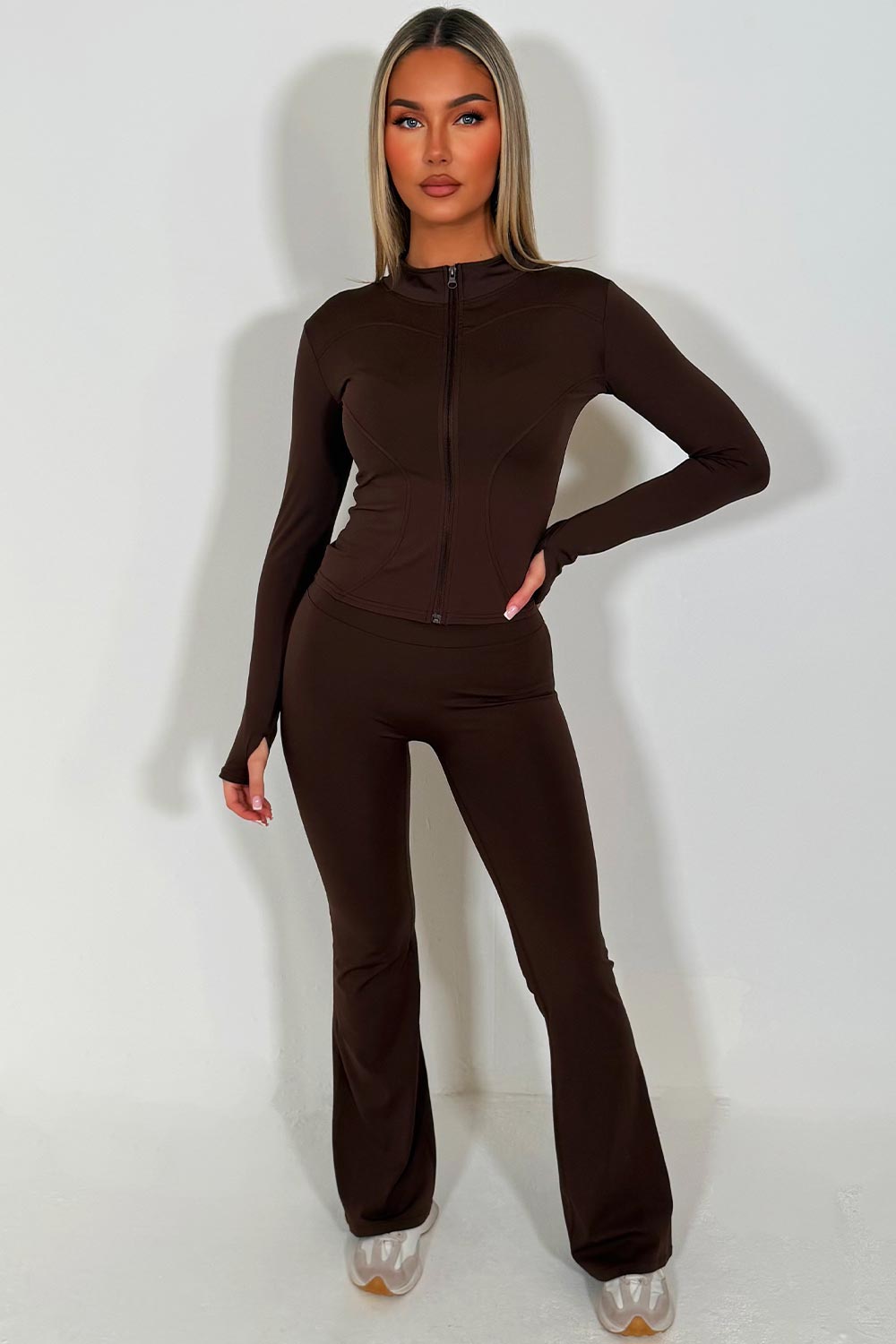 womens brown skinny flare trousers and zip up sports jacket two piece set skims