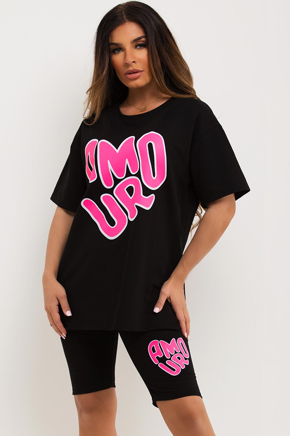 amour slogan cycling shorts and t shirt co ord womens