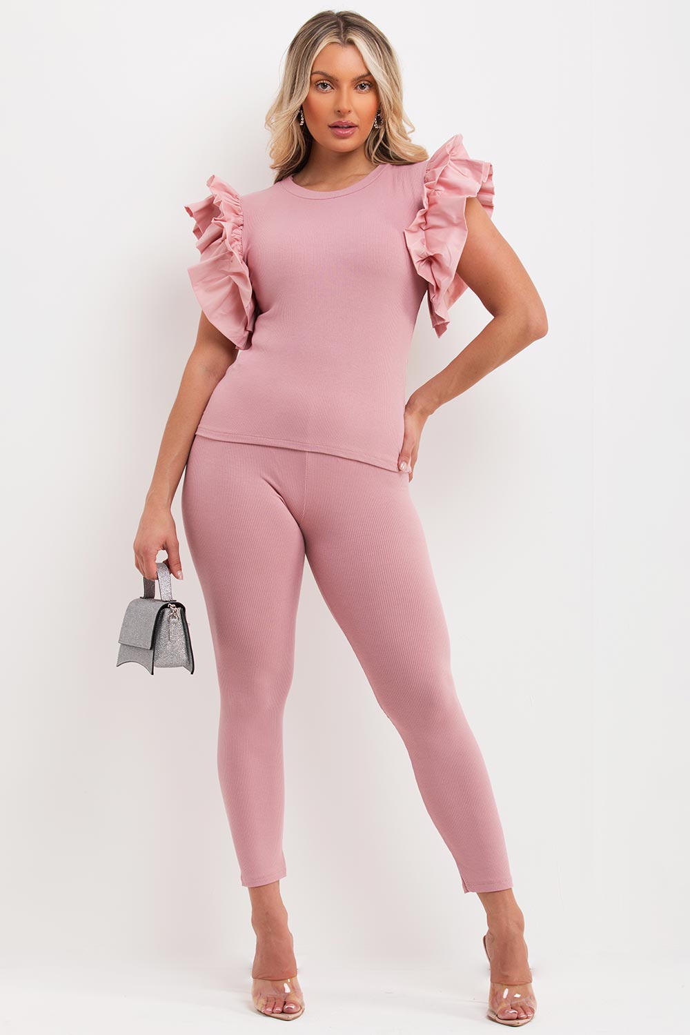 ribbed ruffle frill sleeve two piece co ord set