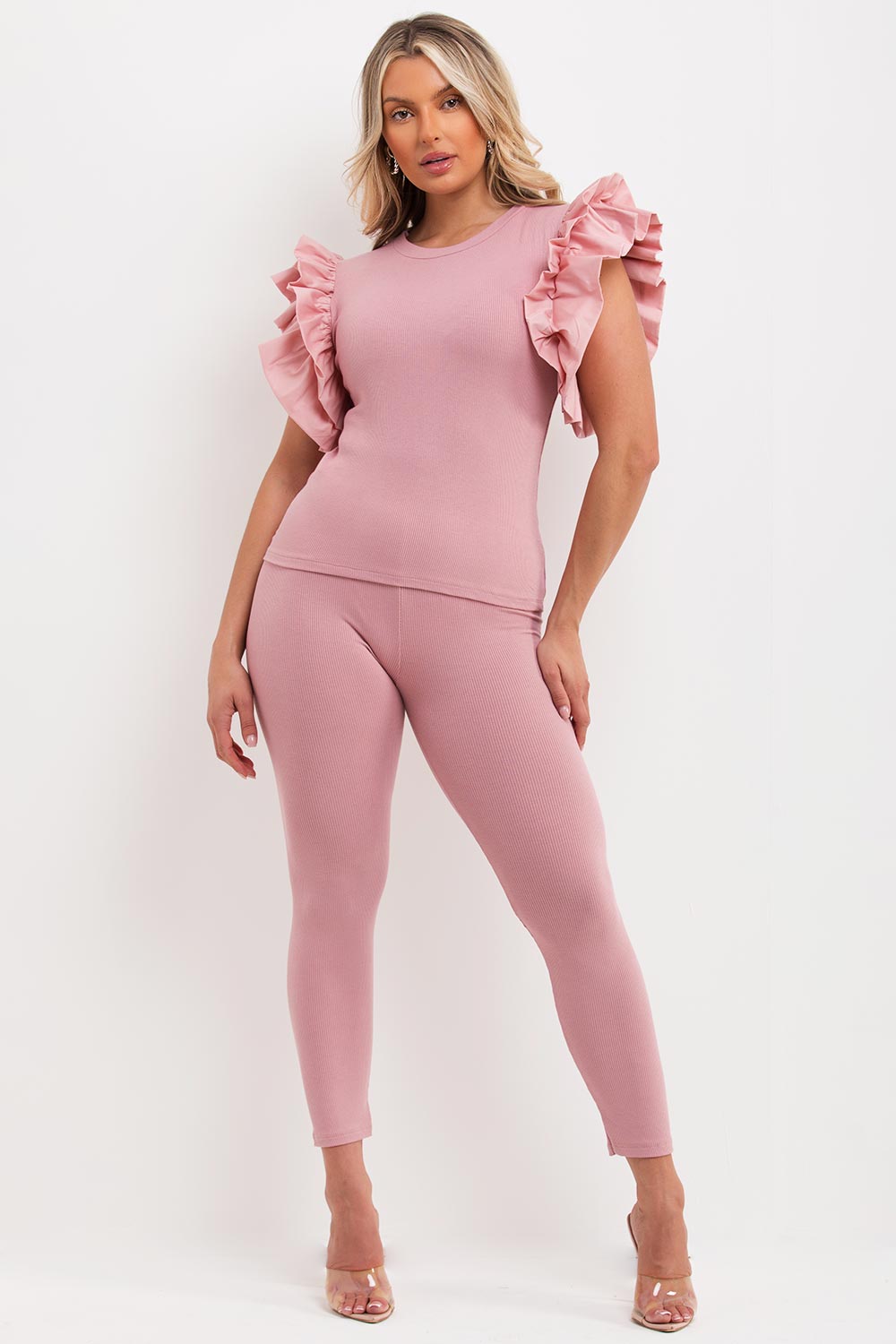 womens ruffle frill sleeve co ord set