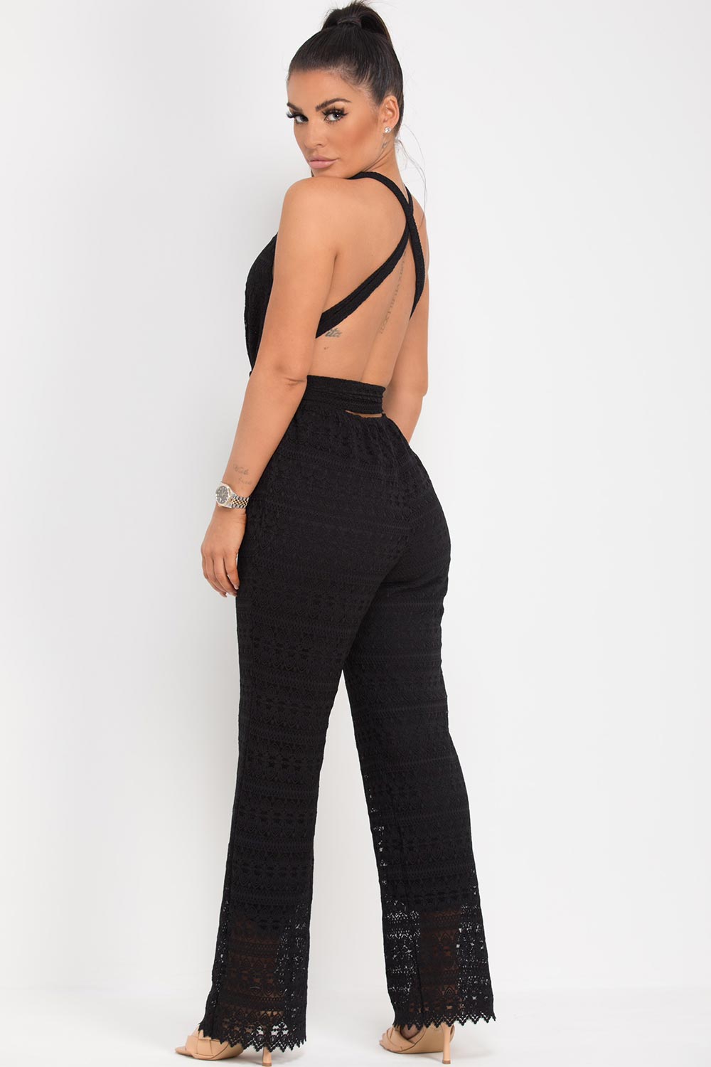 black backless wide leg bodysuit uk