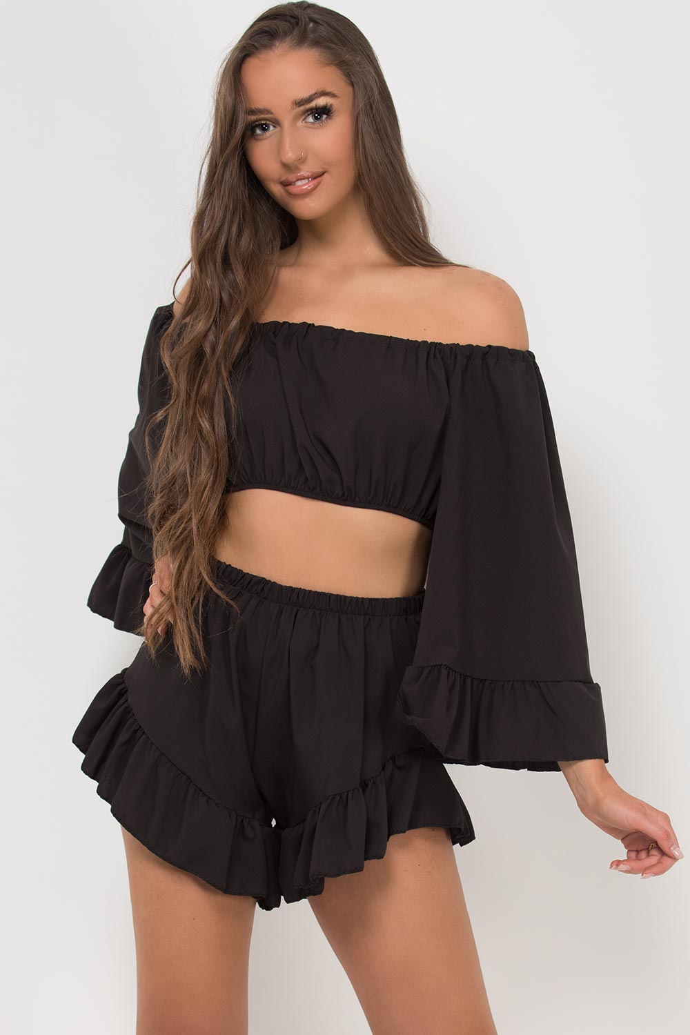 black bell sleeve crop top shorts set