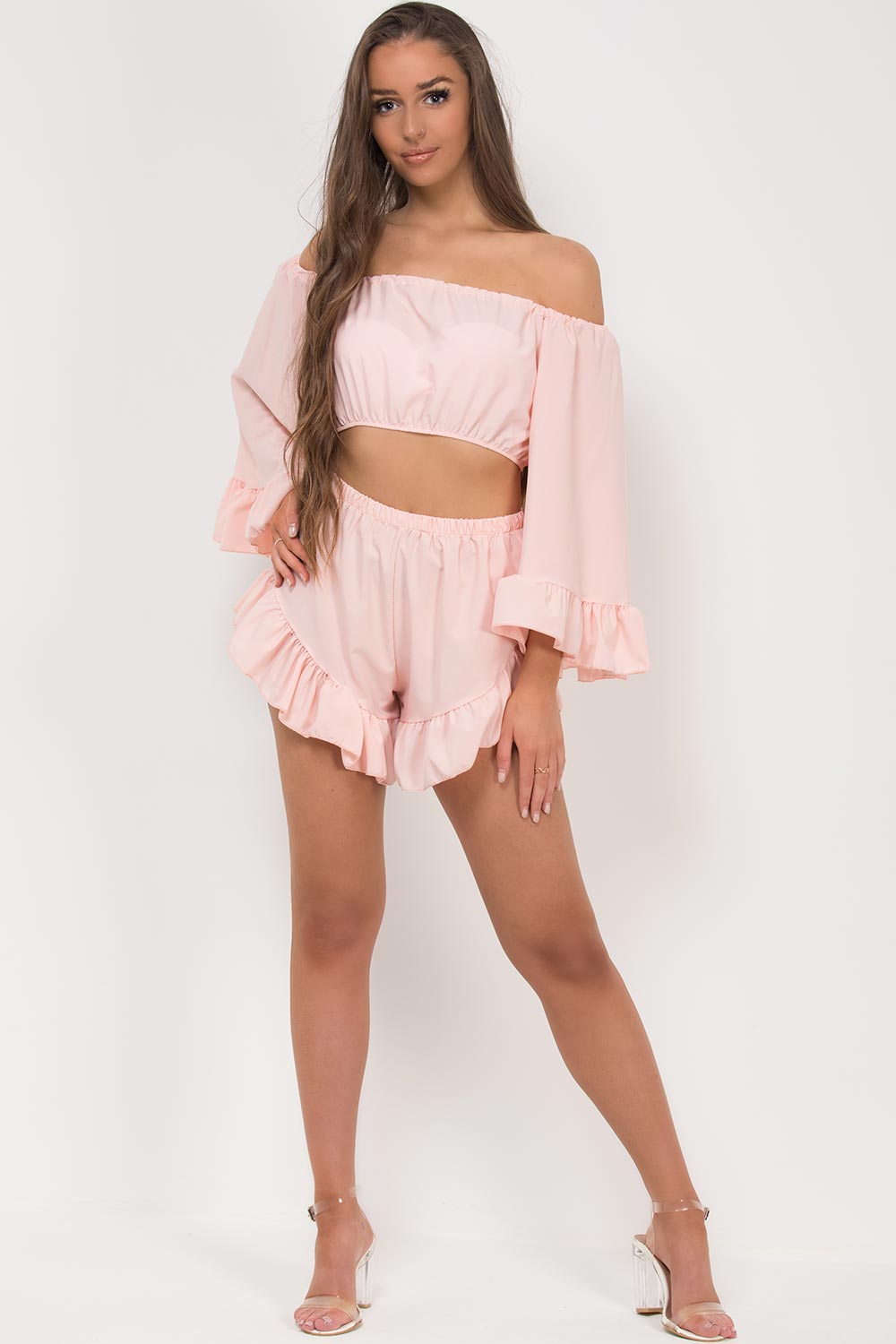 pink bell sleeve off shoulder crop top shorts two piece set