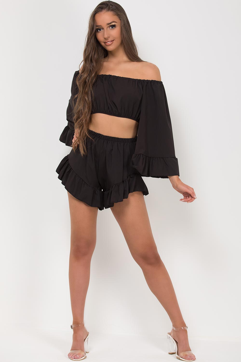 frill hem off shoulder crop top shorts two piece set black