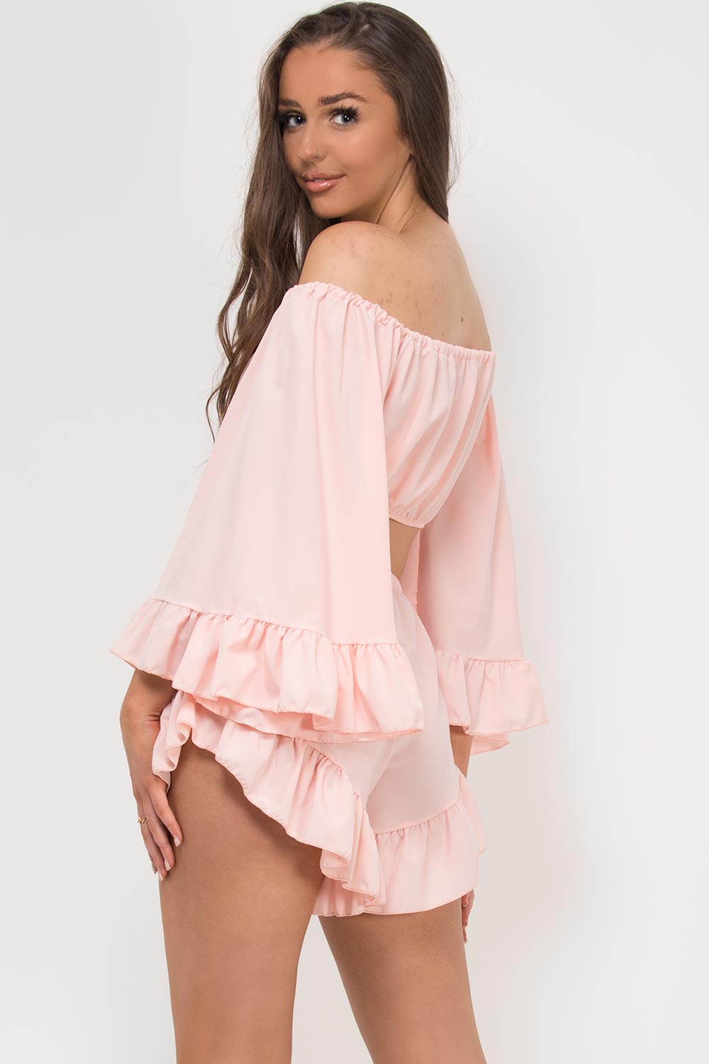 pink off shoulder bell sleeve co ord set