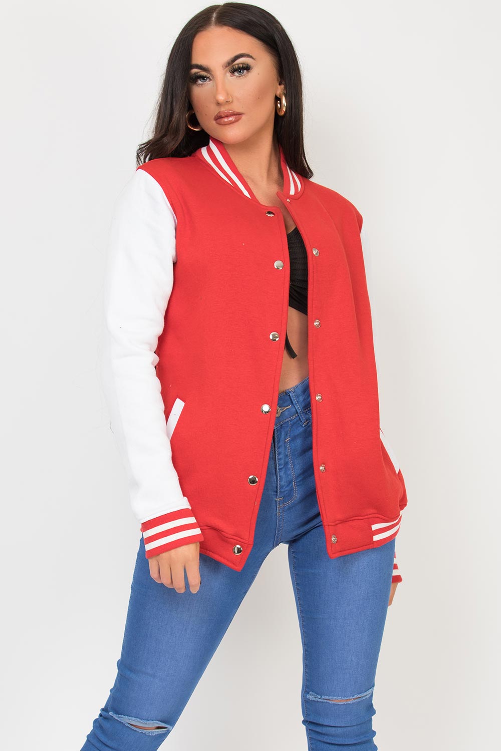 red baseball bomber varsity jacket