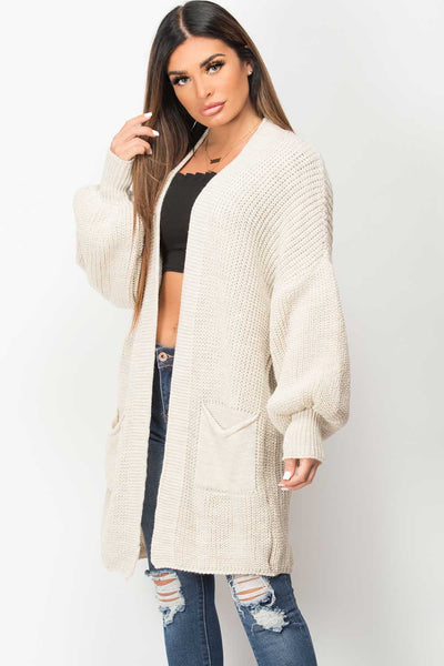 Womens Long Cardigan Oversized Balloon Sleeve Chunky Knit