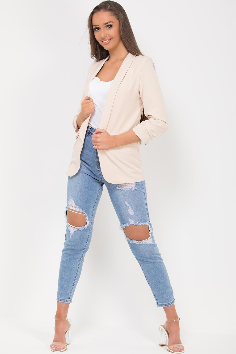 beige ruched sleeve blazer
