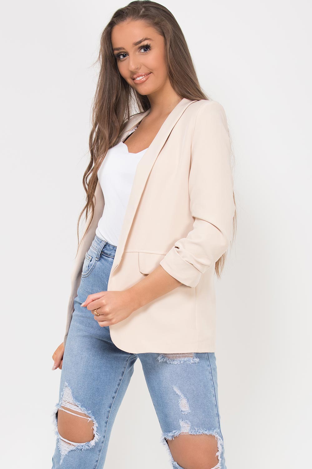 blazer with ruched sleeves beige