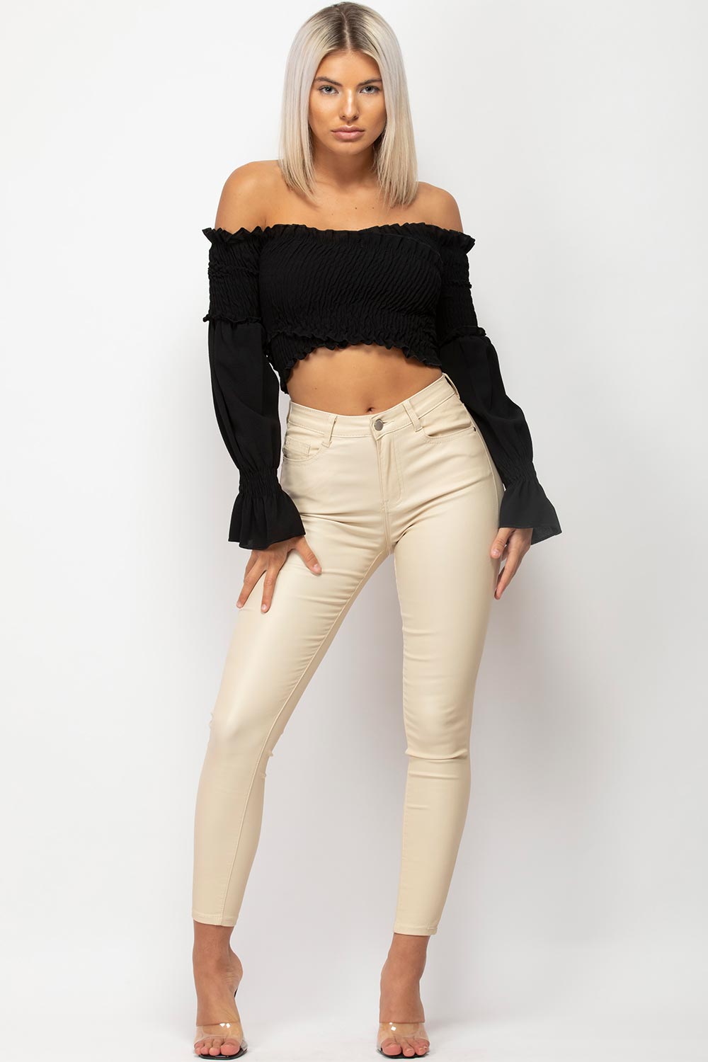 black off shoulder long sleeve crop top