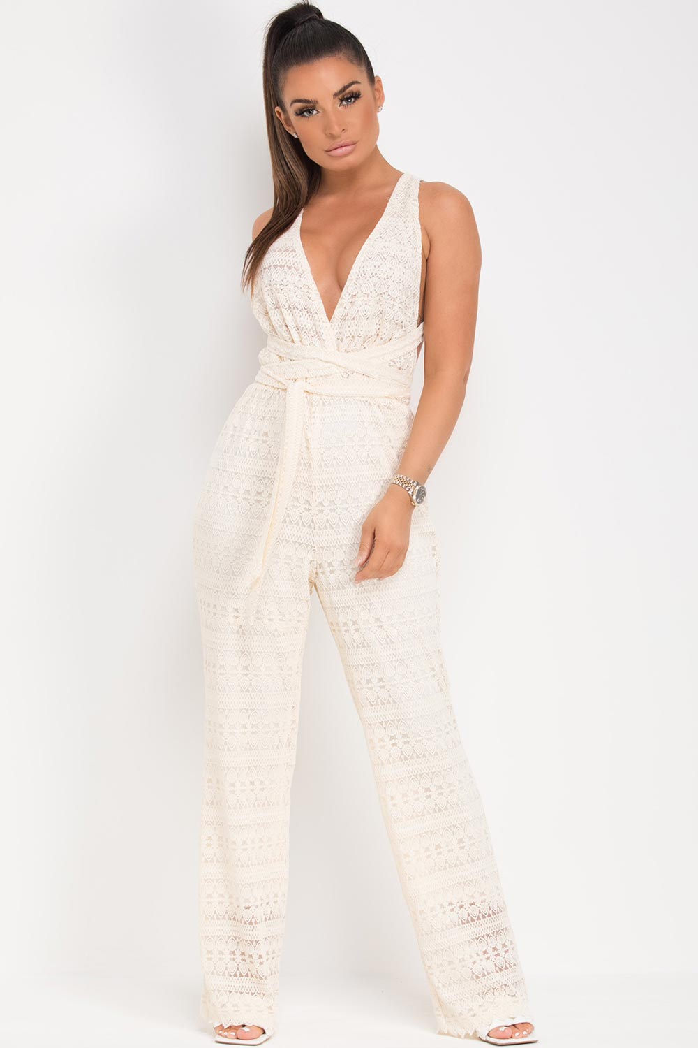 crochet backless jumpsuit beige