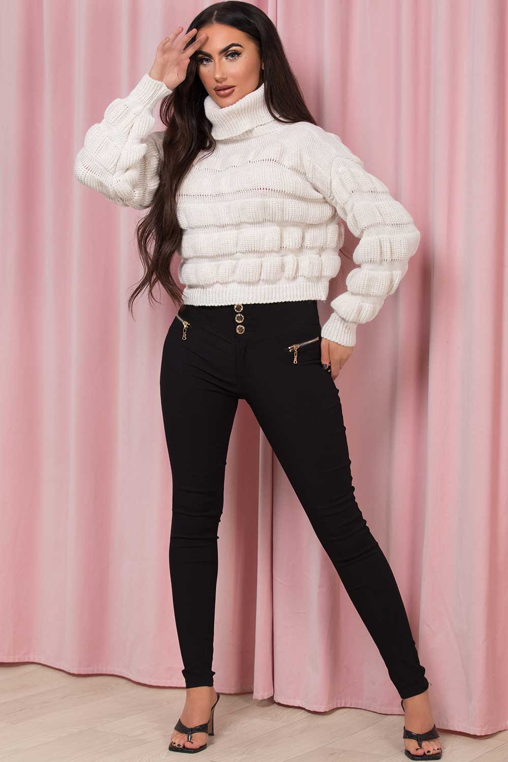 roll neck bubble knit cropped jumper beige