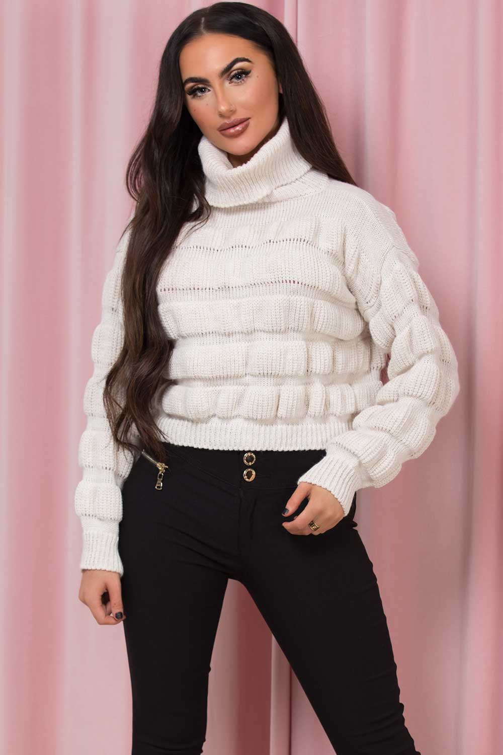 roll neck bubble knit jumper beige