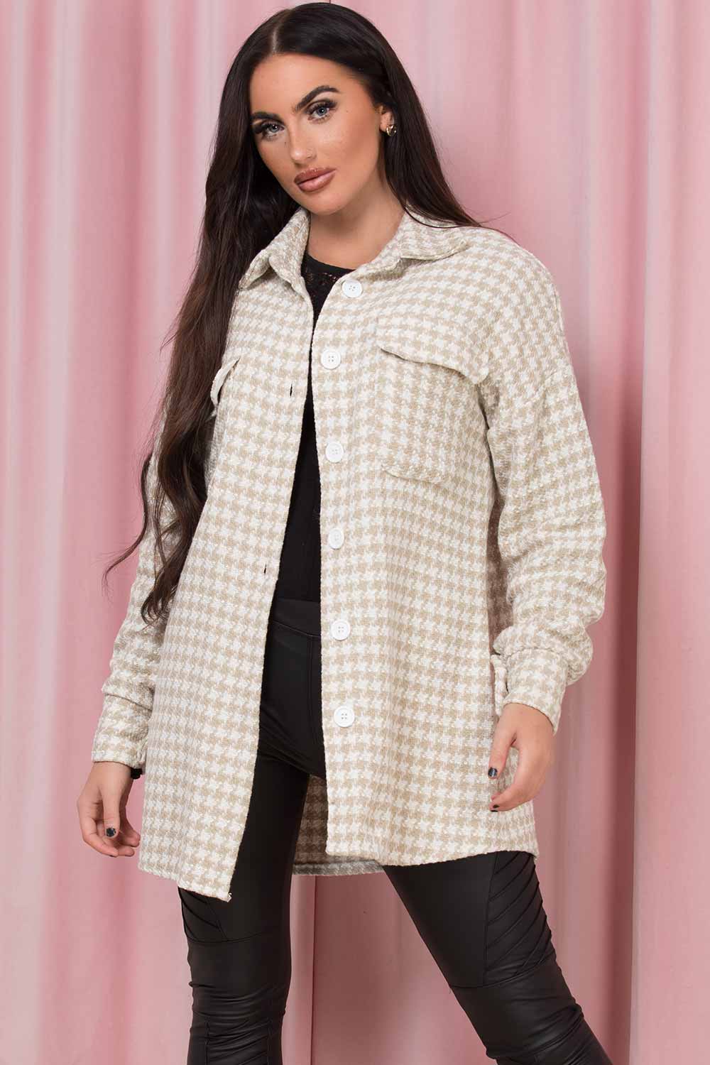 beige dogtooth shacket womens