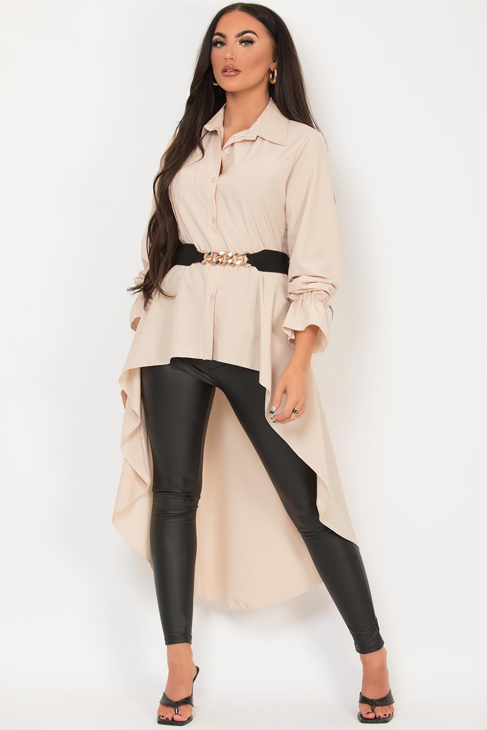 high low hem shirt with gold belt