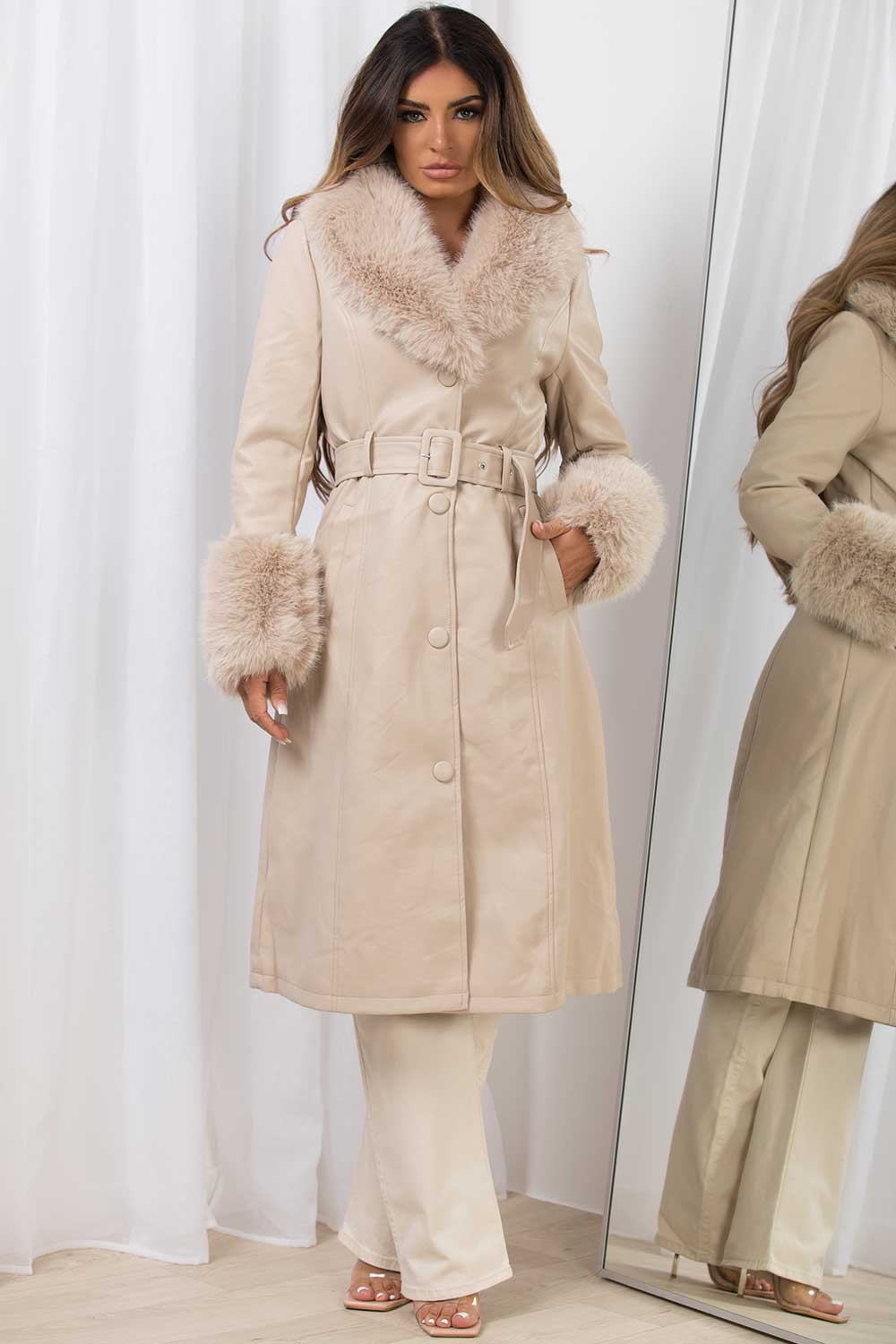 faux leather faux leather jacket with belt beige