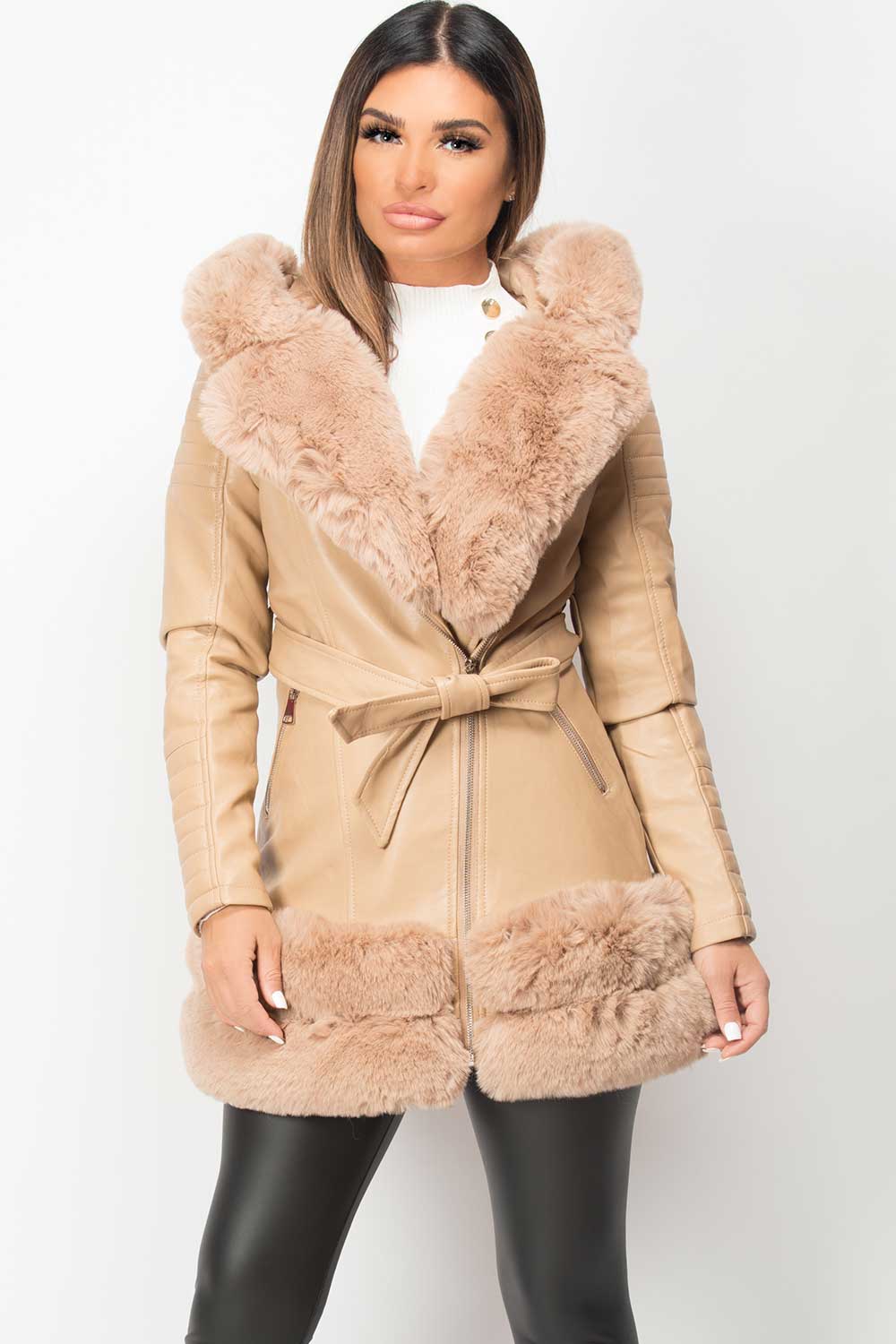 faux fur hooded aviator jacket beige