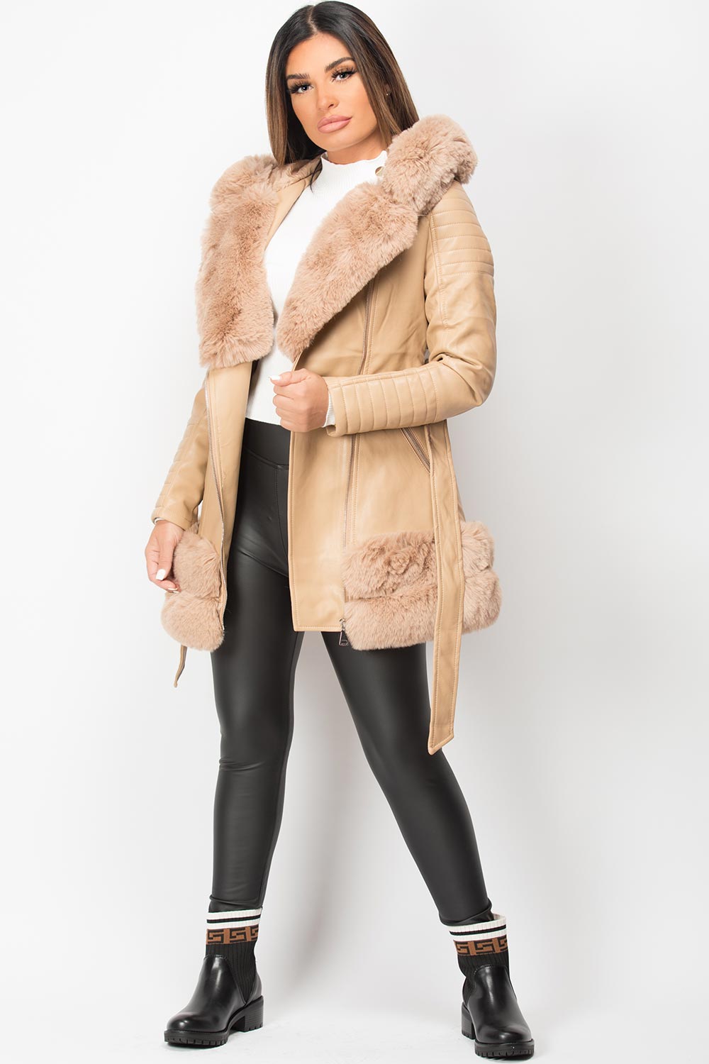 faux fur faux leather jacket beige