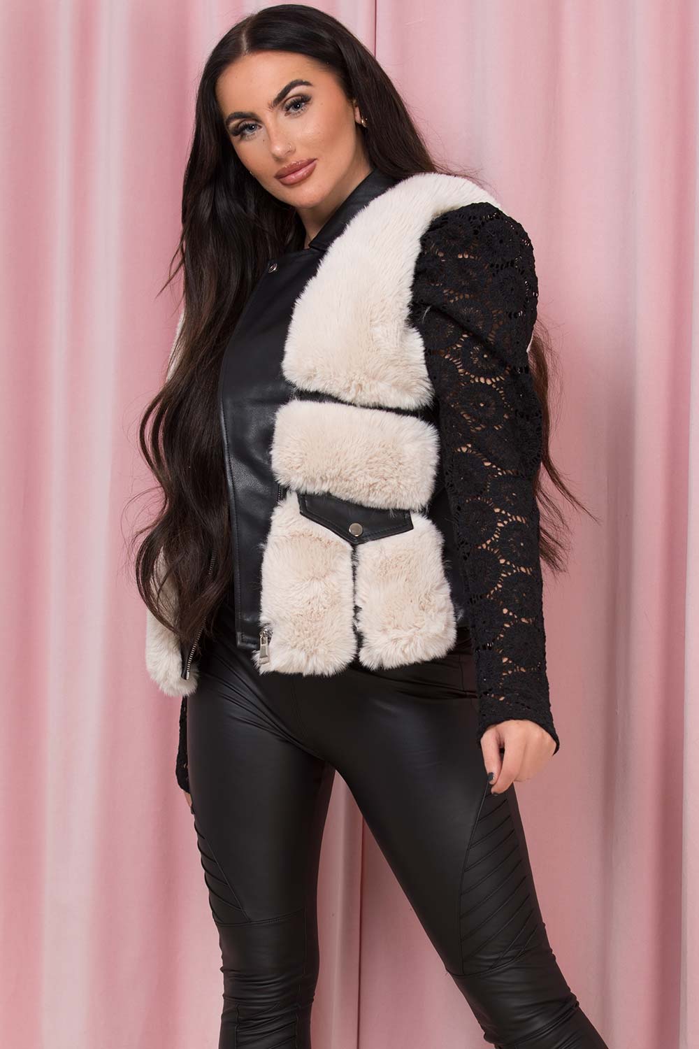 faux leather faux fur gilet beige