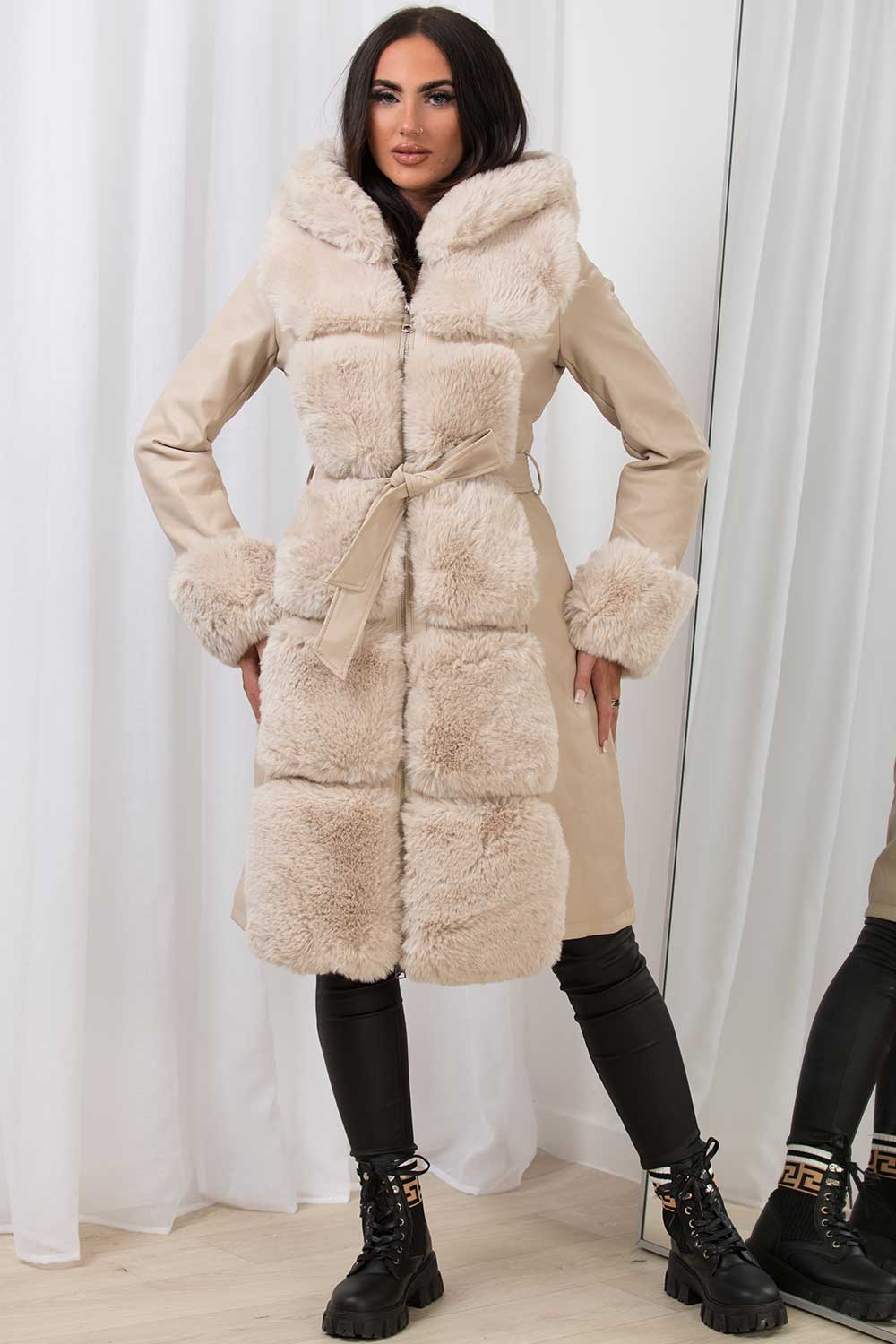 faux fur trim faux leather hooded jacket