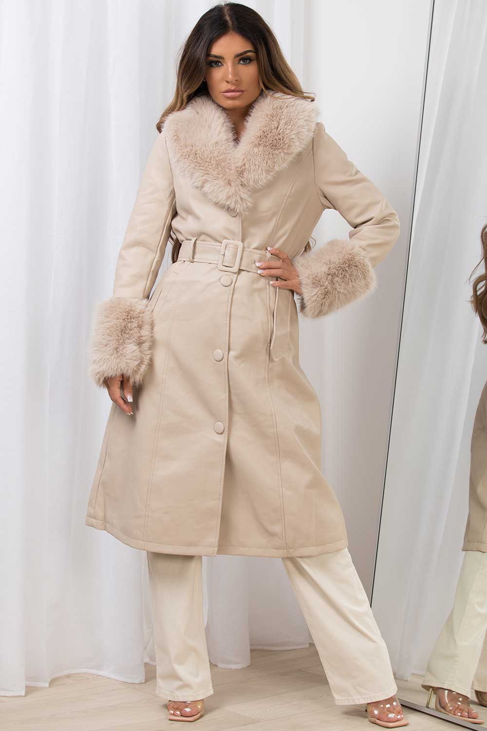 long faux fur faux leather jacket with belt beige
