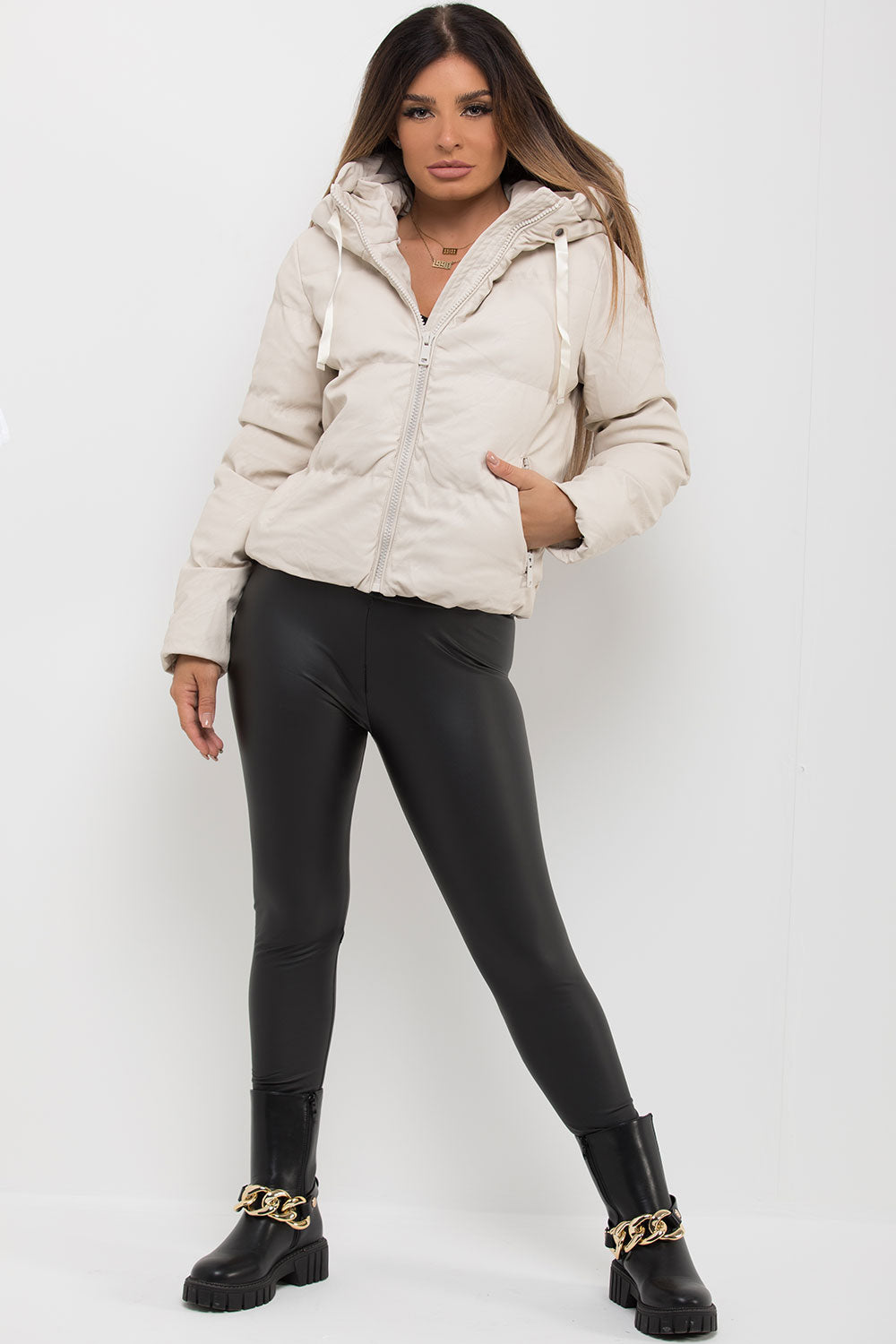 faux leather puffer padded jacket womens