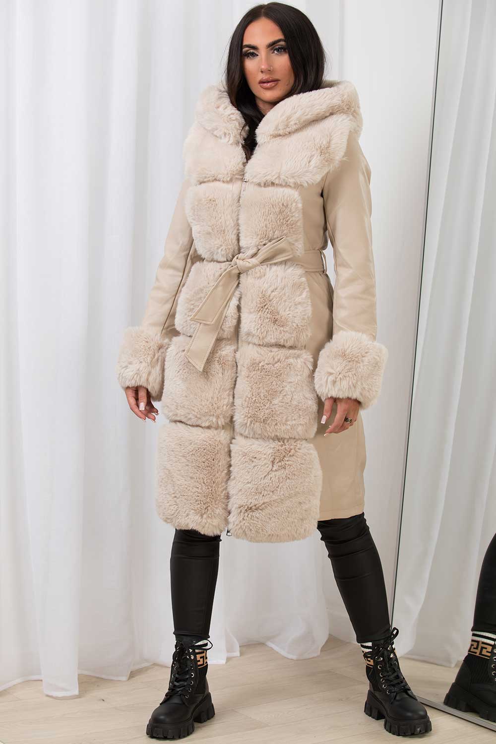 faux fur trim faux leather jacket beige