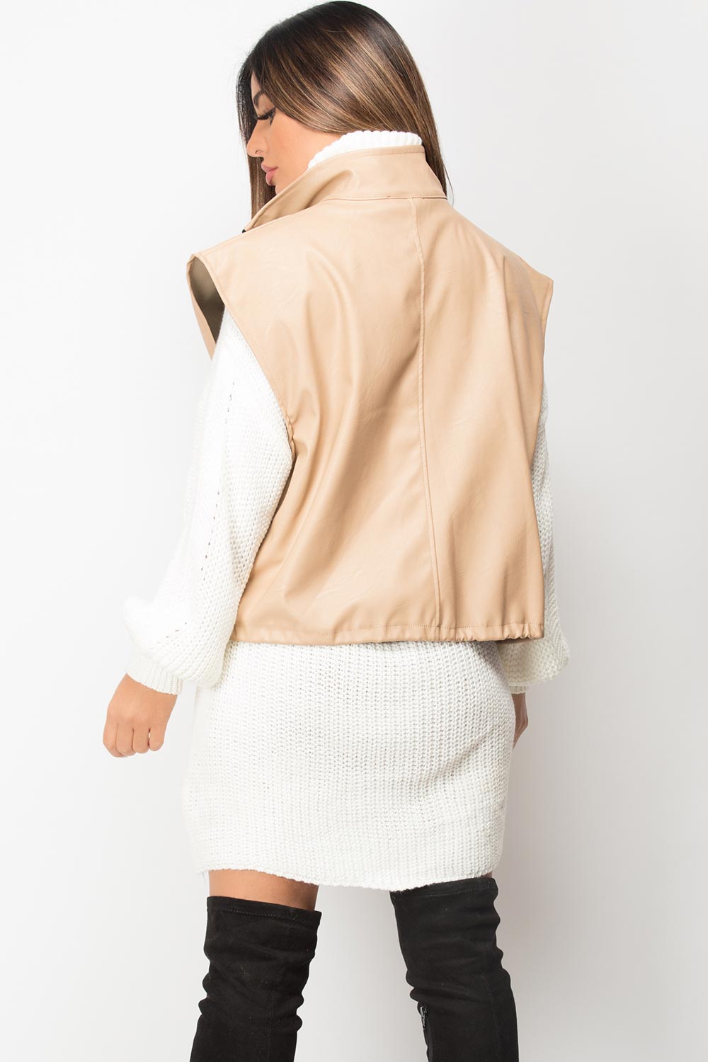 beige faux leather sleeveless jacket