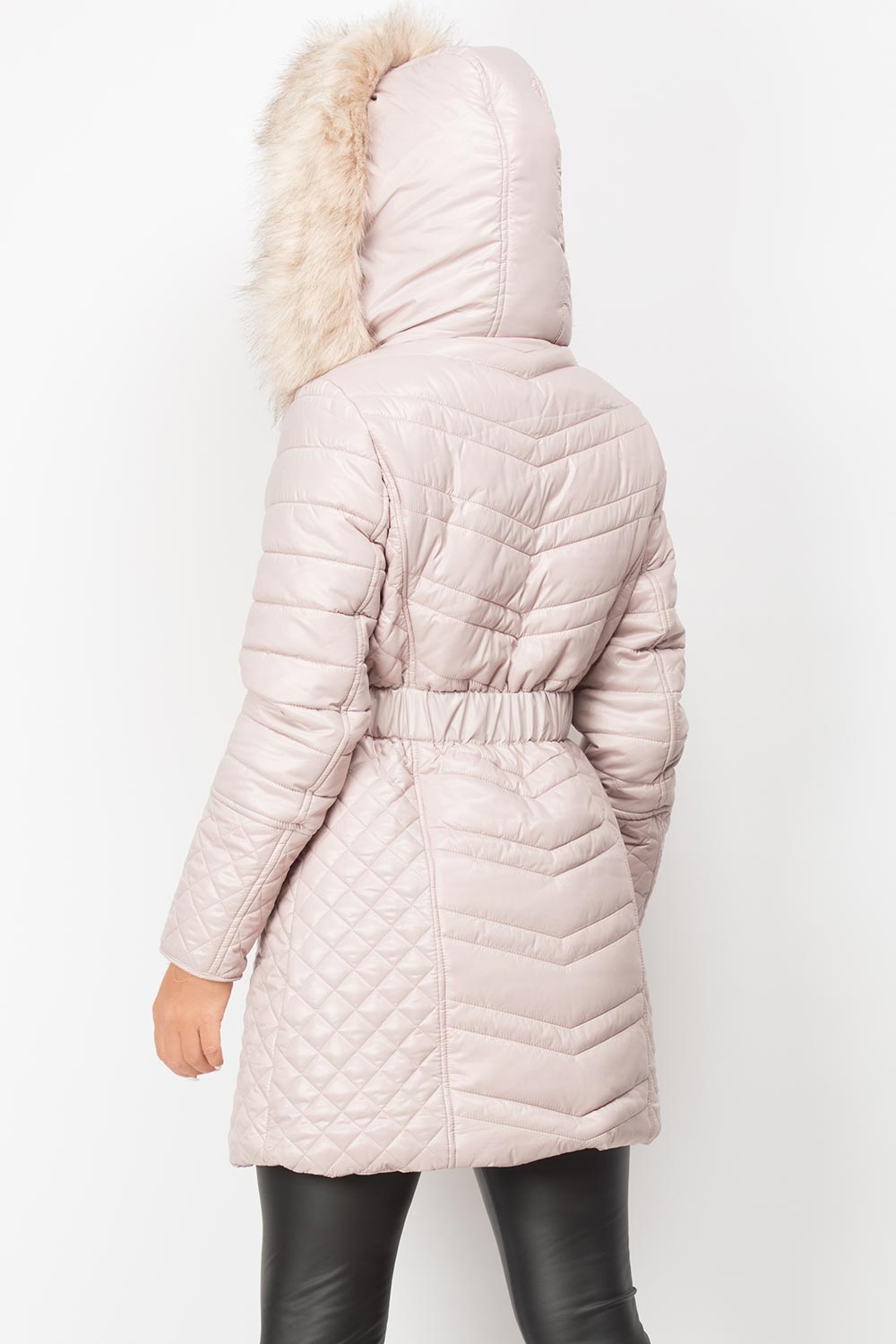 beige fur hooded belted puffer coat