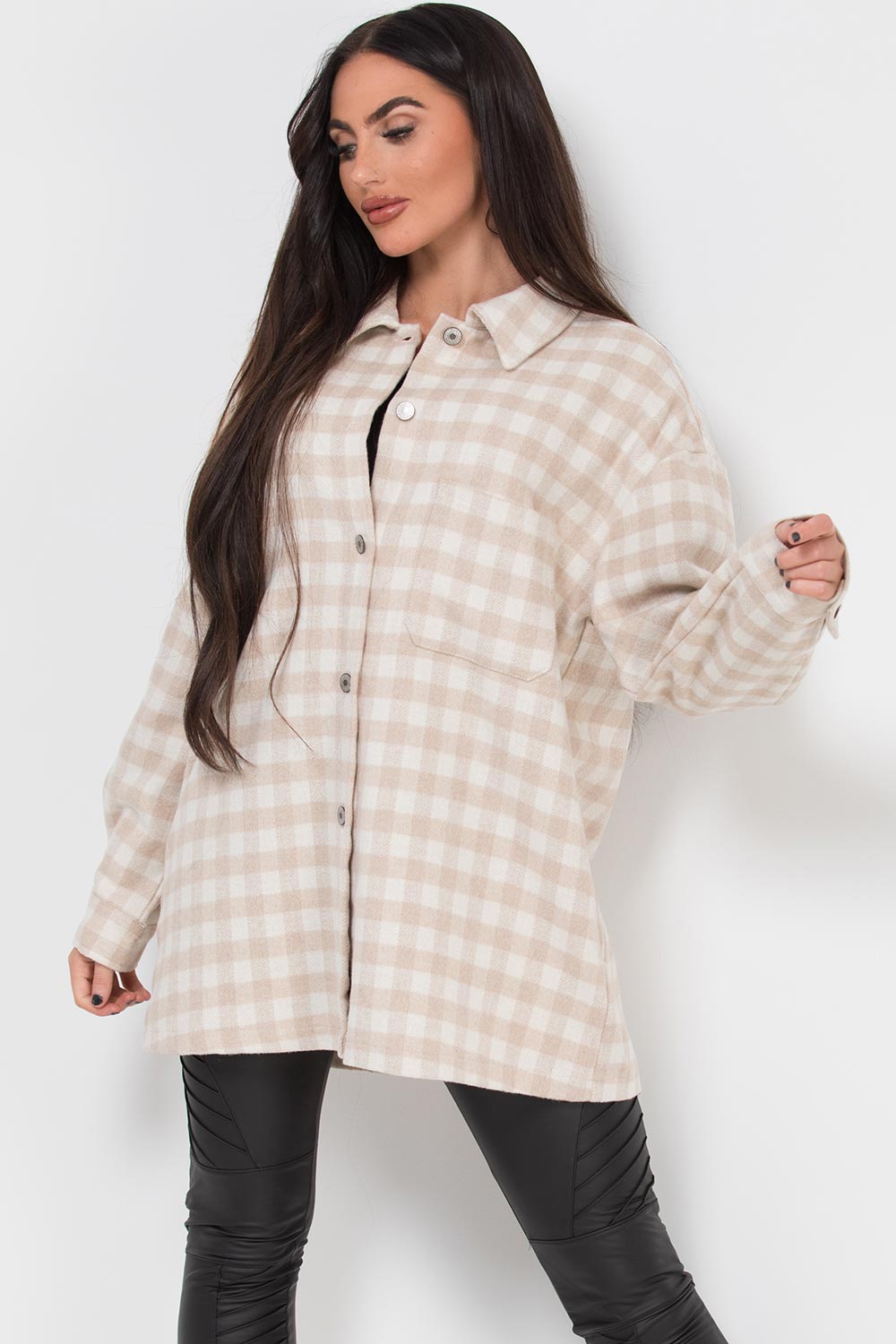 womens gingham check shacket beige