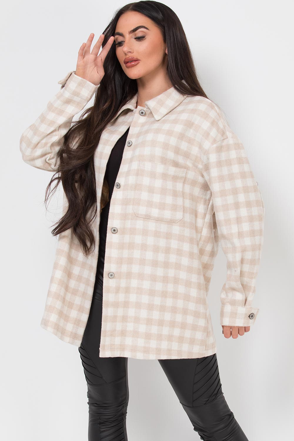 beige gingham check shacket